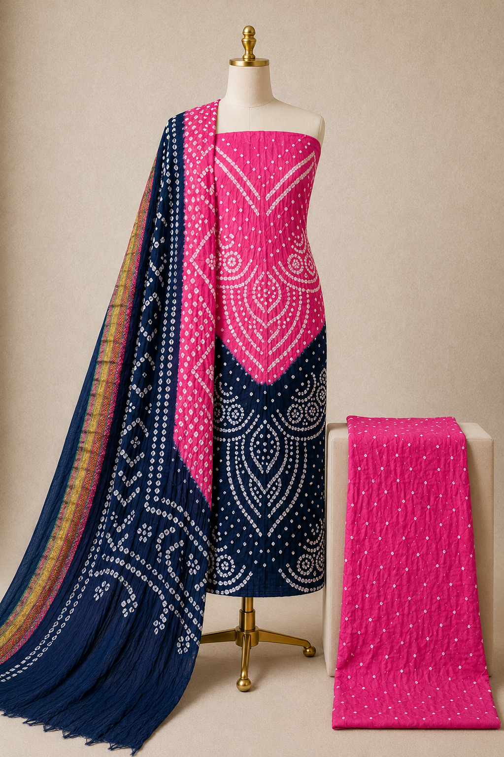 Cotton Satin Multicolor 3Pc Unstitched Bandhani Dress Material