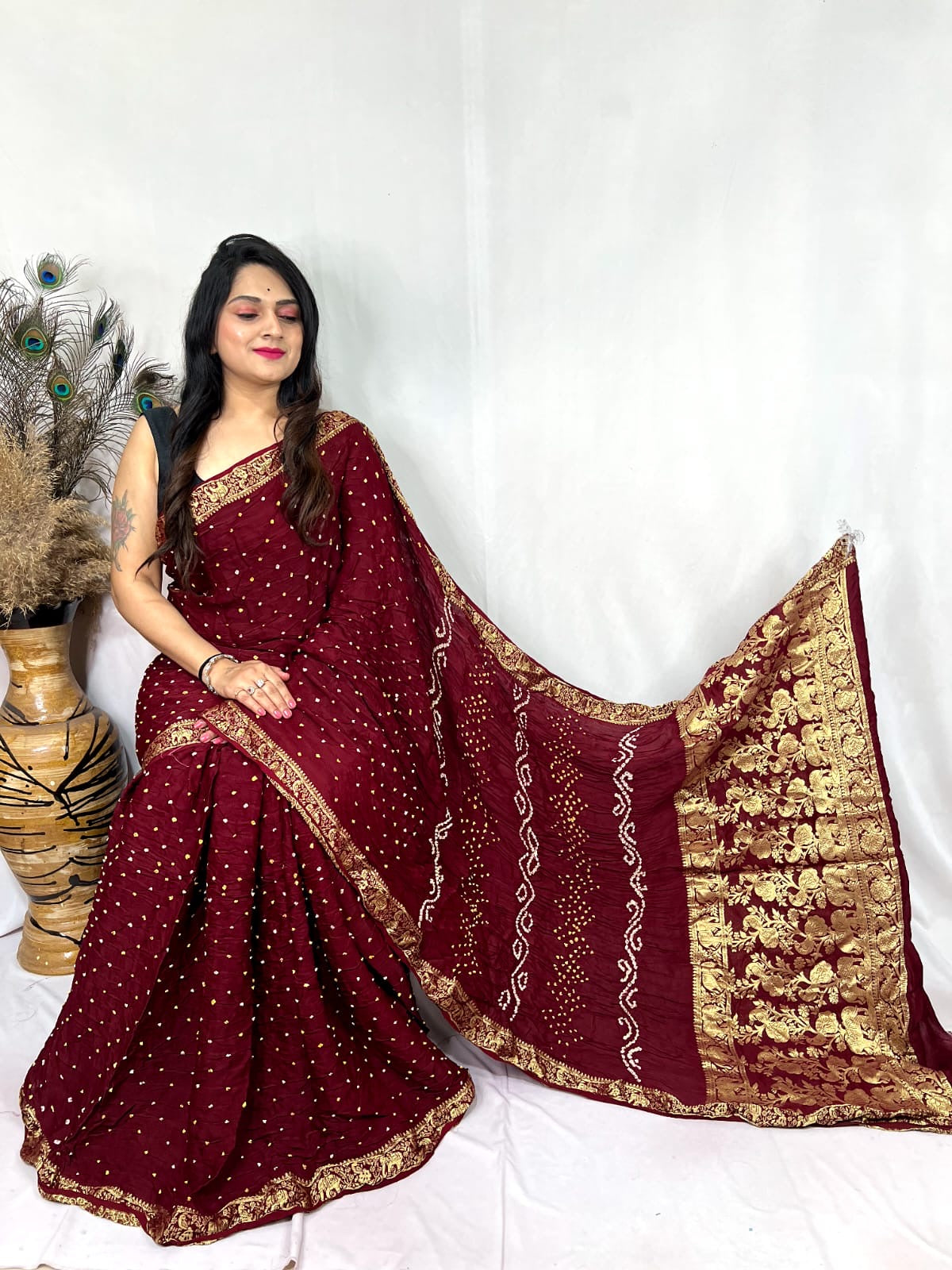 Premium Modal Silk Barik Bandhej Work Nakashi Border Silk Bandhani Saree