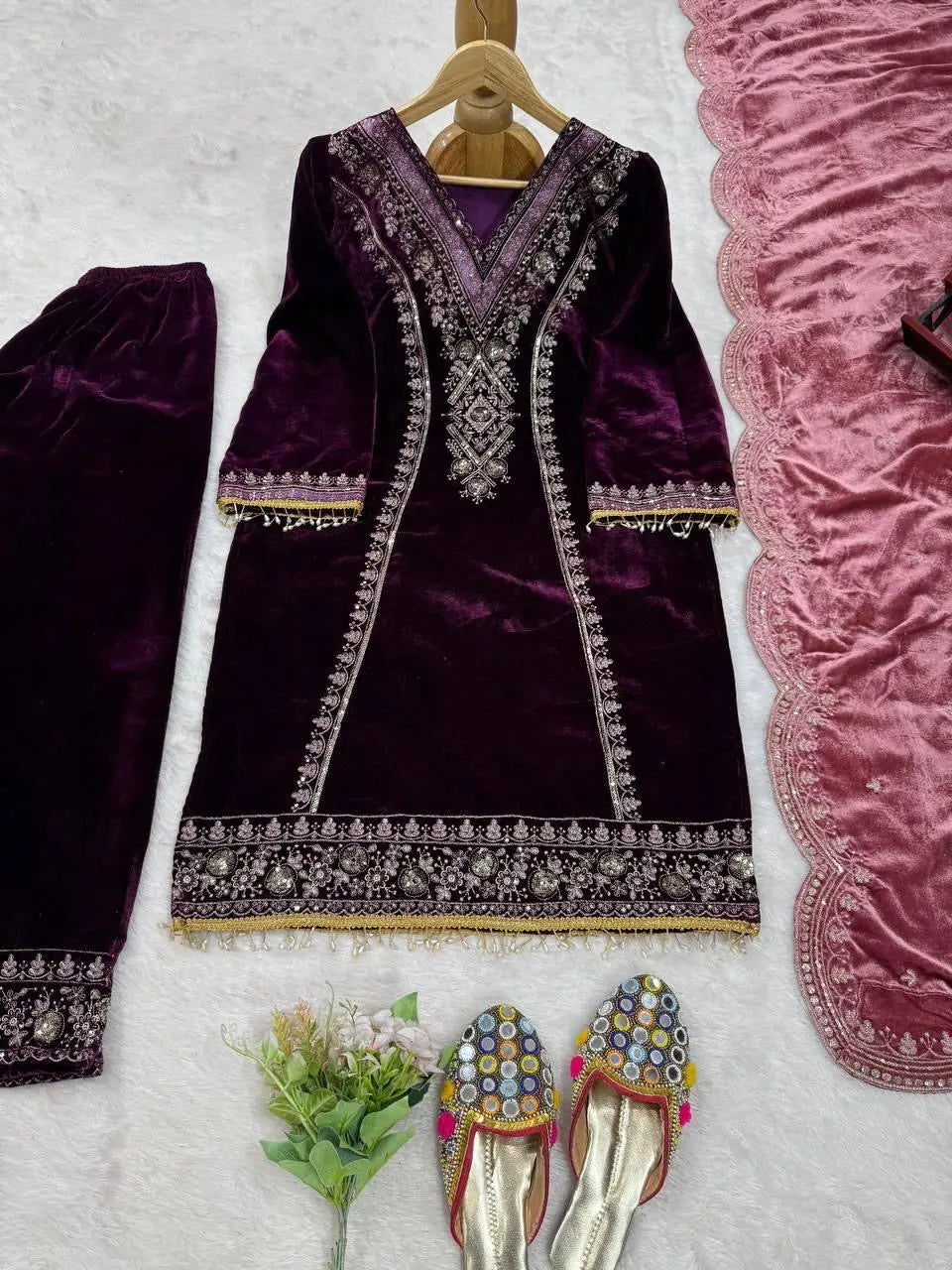 Viscose Velvet Premium Thread Embroidery work Designer Velvet Suit