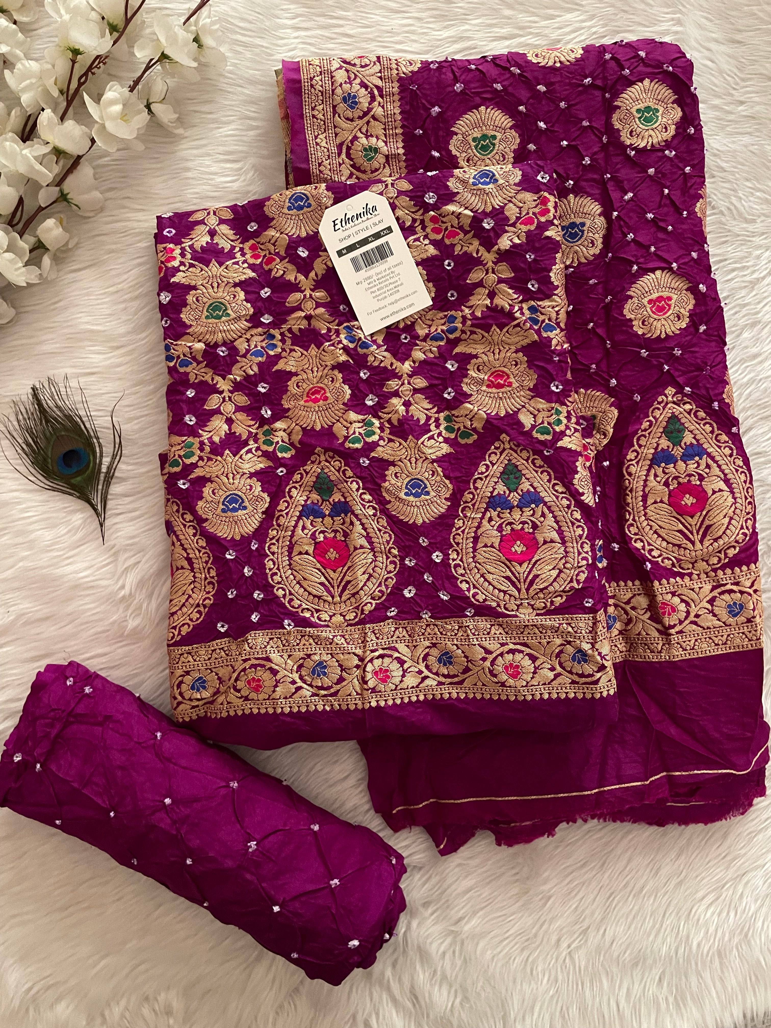 Ghazi Silk Kasab Golden Embroidery work Bandhani Dress Material (Unstitched)
