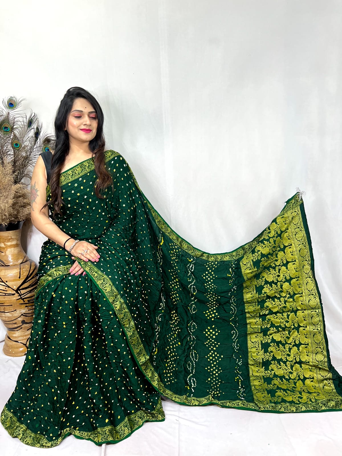 Premium Modal Silk Barik Bandhej Work Nakashi Border Silk Bandhani Saree