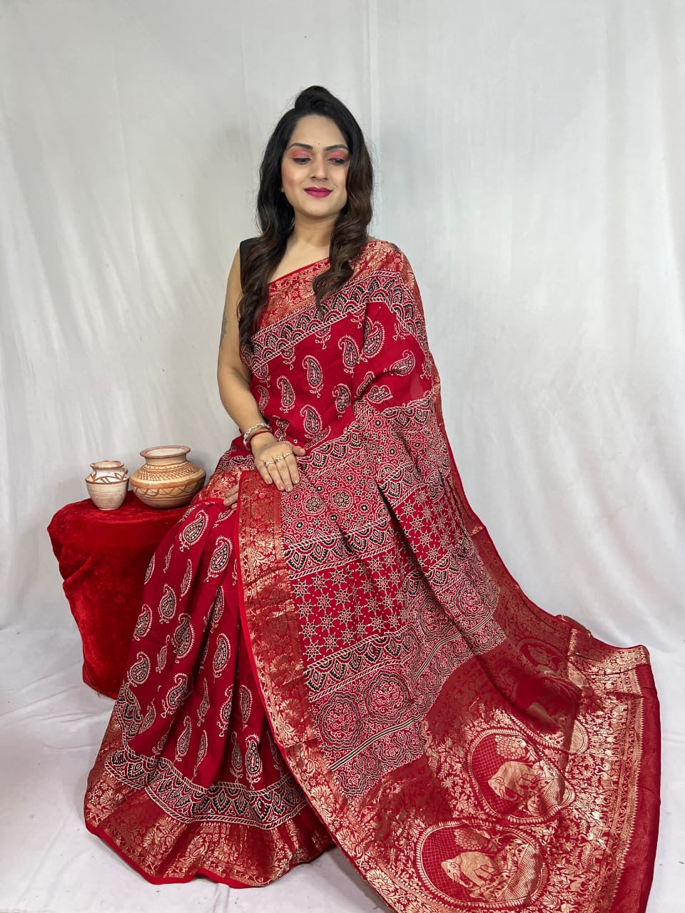 Dola Silk Original Handblocked  Ajrakh work Saree