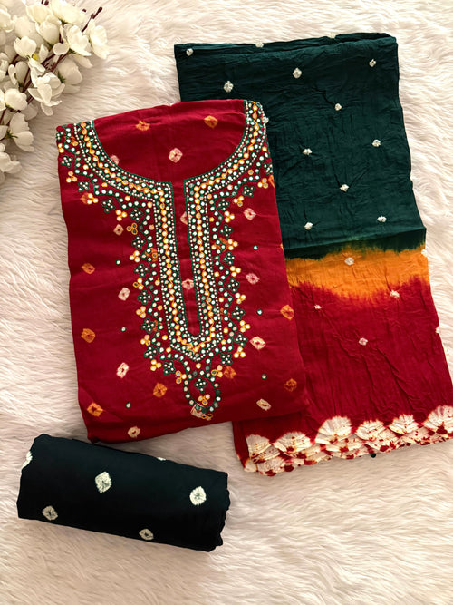 Cotton Neck Mirror Thread work Kutchi Bandhani Dress Material (Unstitched)