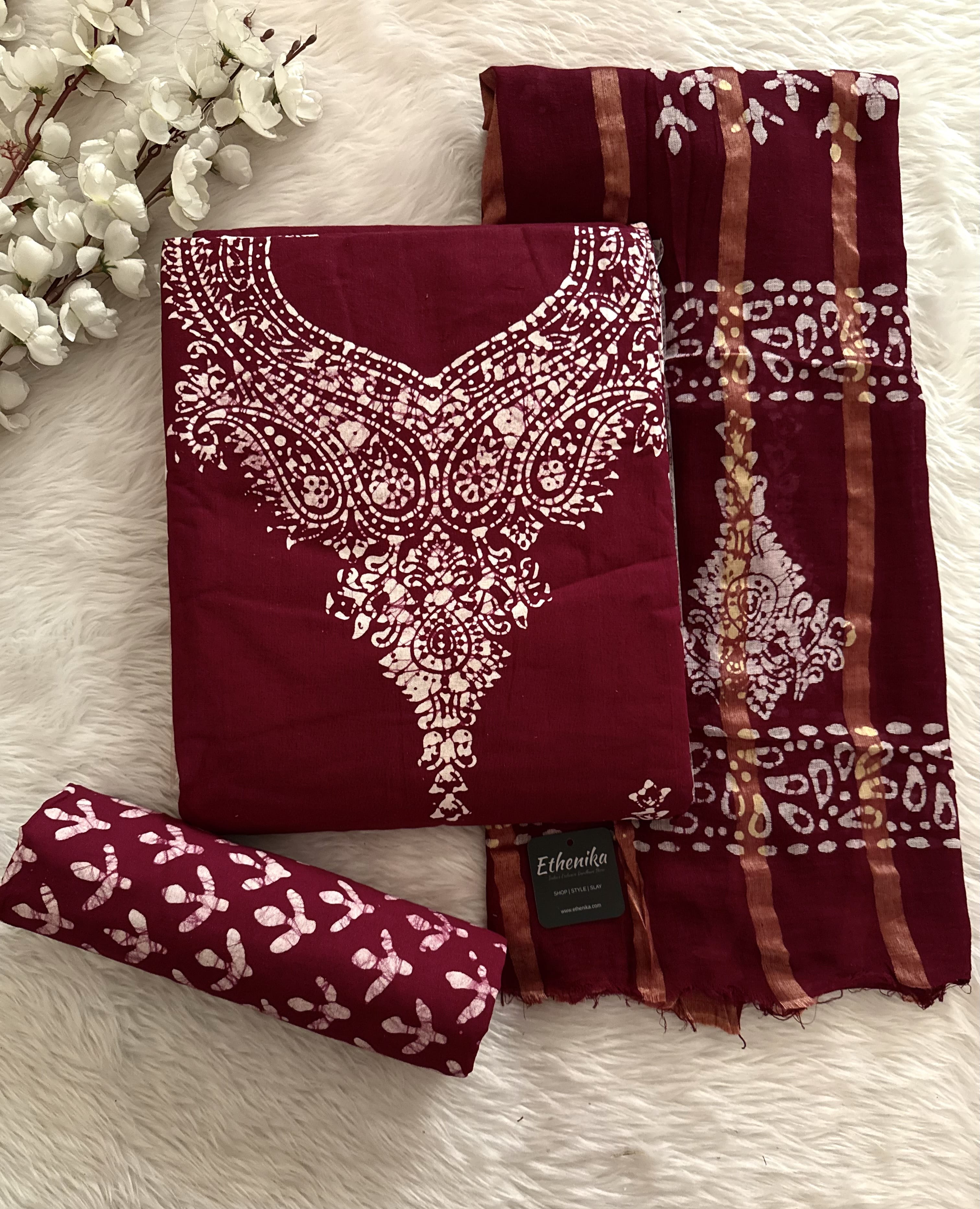 Cotton Hand Blocked Wax Batik Unstitched Dress Material