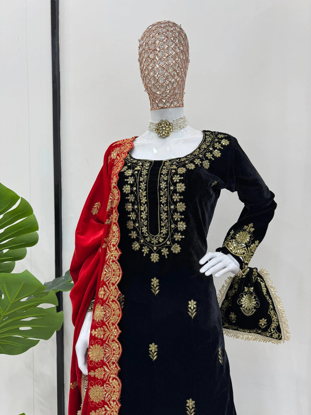 Ethenika Fine Velvet Golden Thread Embroidery work Velvet Kurti Sharara
