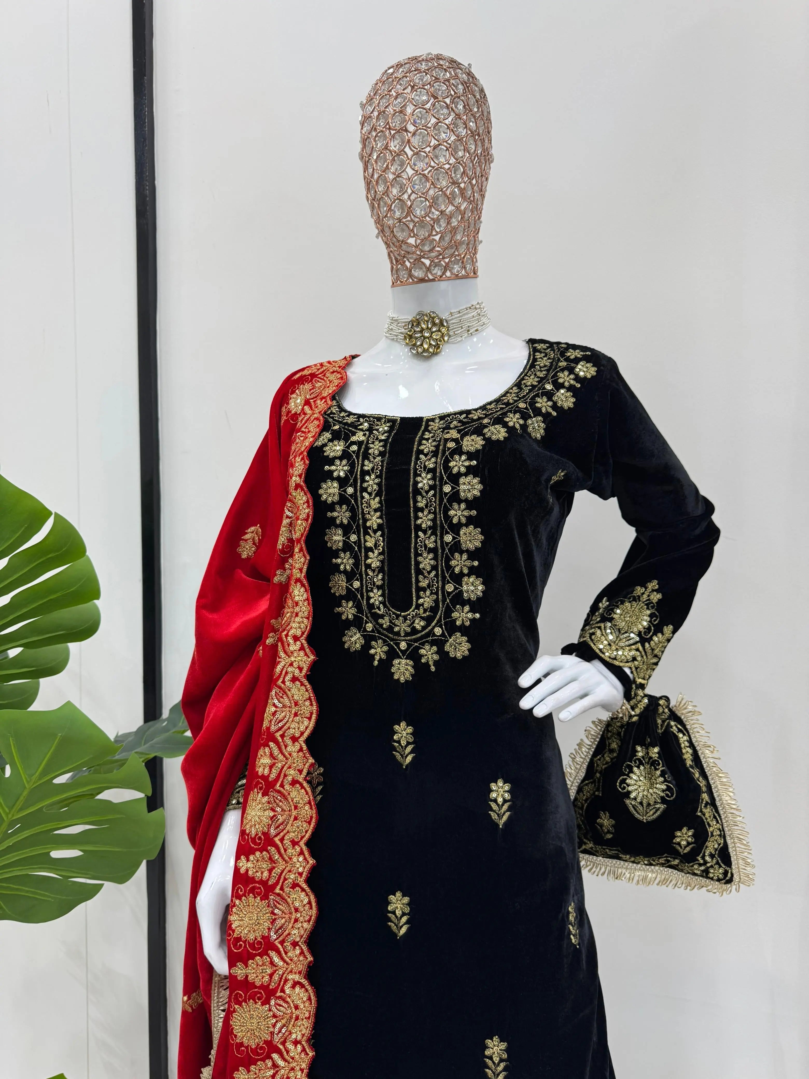 Ethenika Fine Velvet Golden Thread Embroidery work Velvet Kurti Sharara