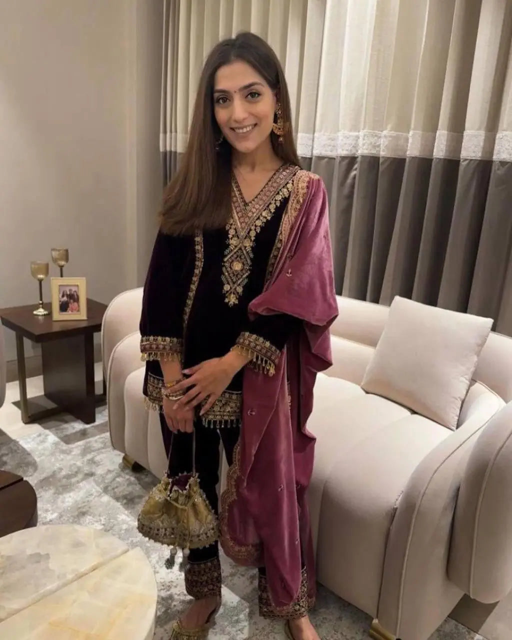 Viscose Velvet Premium Thread Embroidery work Designer Velvet Suit