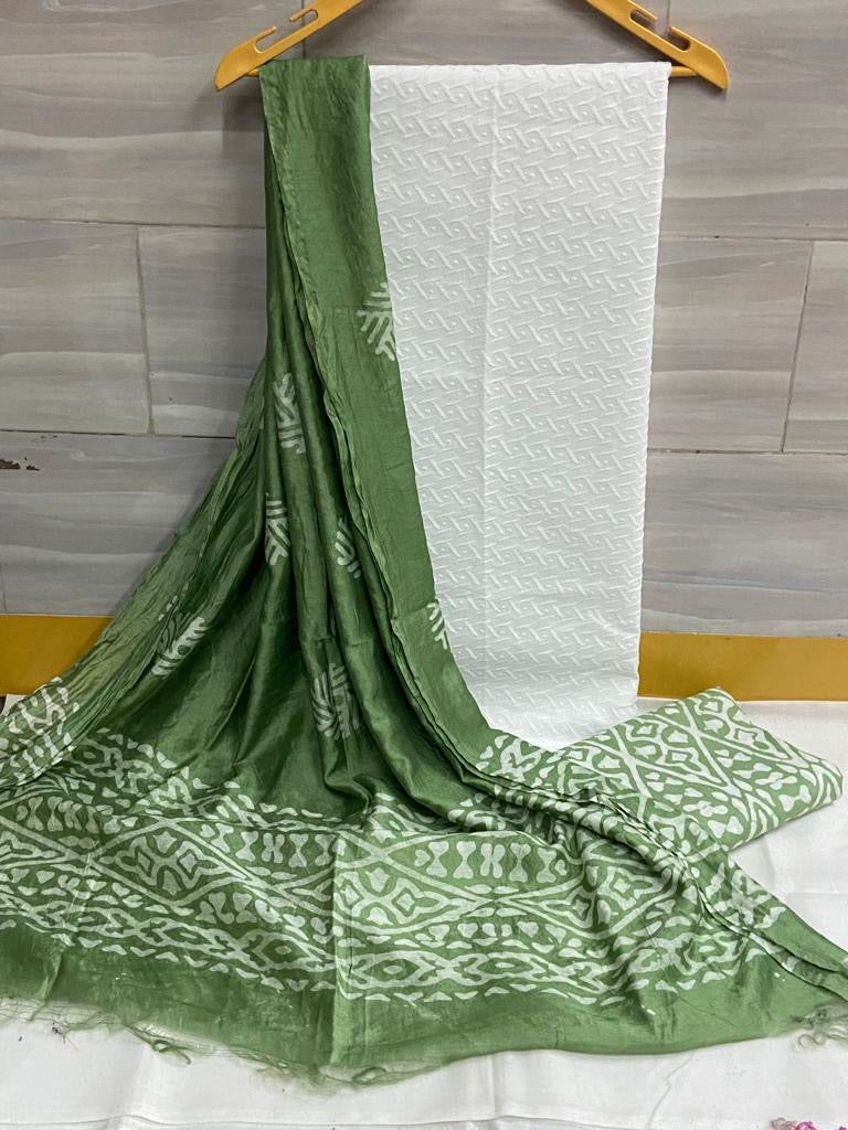 Chikankari Work Cotton Dress Material with Batik Print Salwar and dupatta (Unstitched)