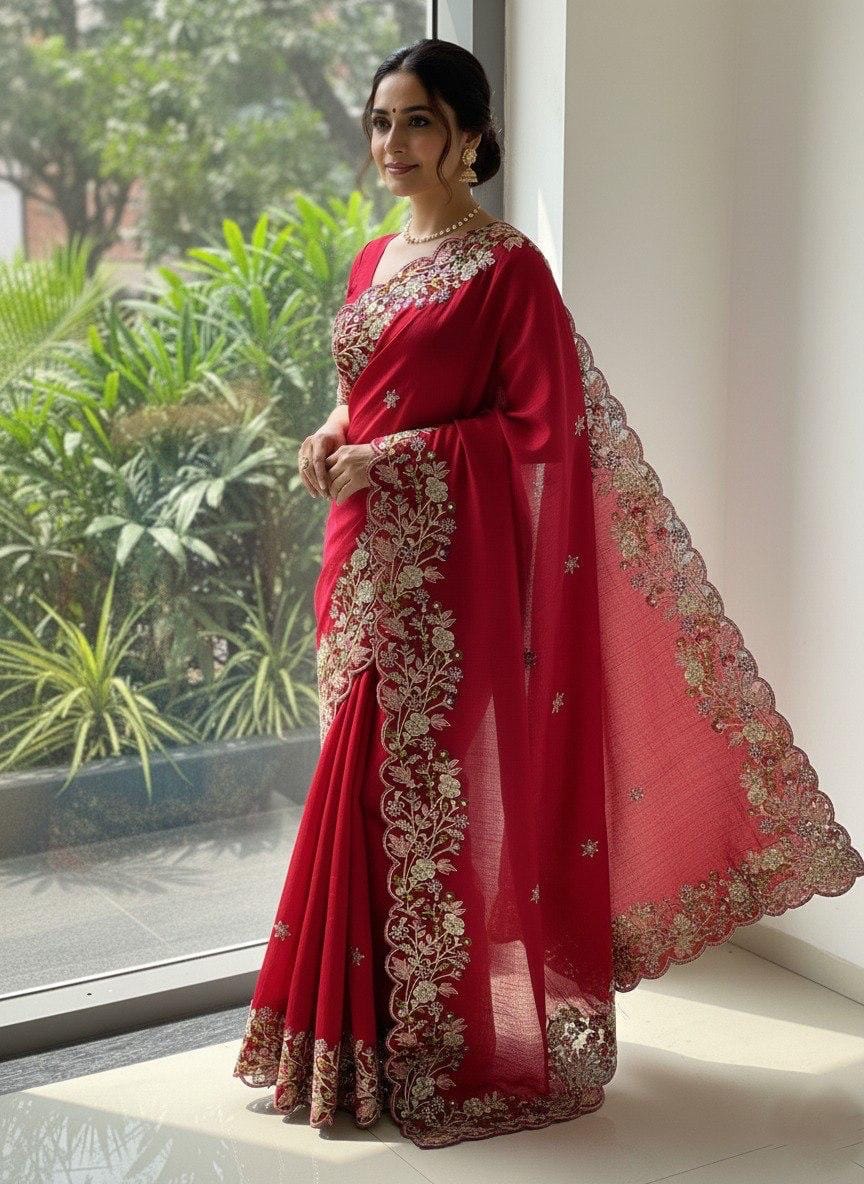 Soft Fendi Chiffone Embroidery Cut Work Designer Saree