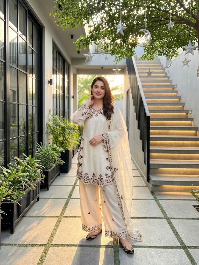 Sequence Designer Embroidery Work 3 Pc Kurta Palazzo Dupatta Set