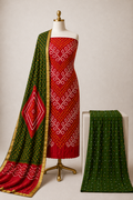 Cotton Satin Handmade Kutch 3Pc Unstitched Bandhani Dress Material