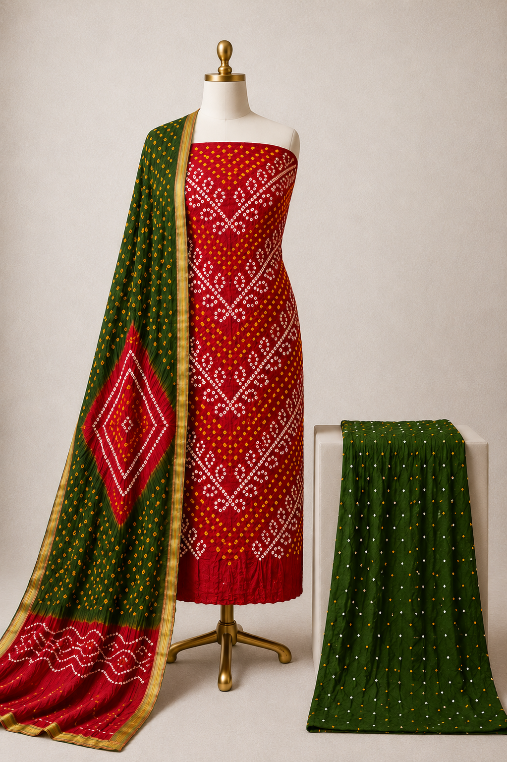 Cotton Satin Handmade Kutch 3Pc Unstitched Bandhani Dress Material