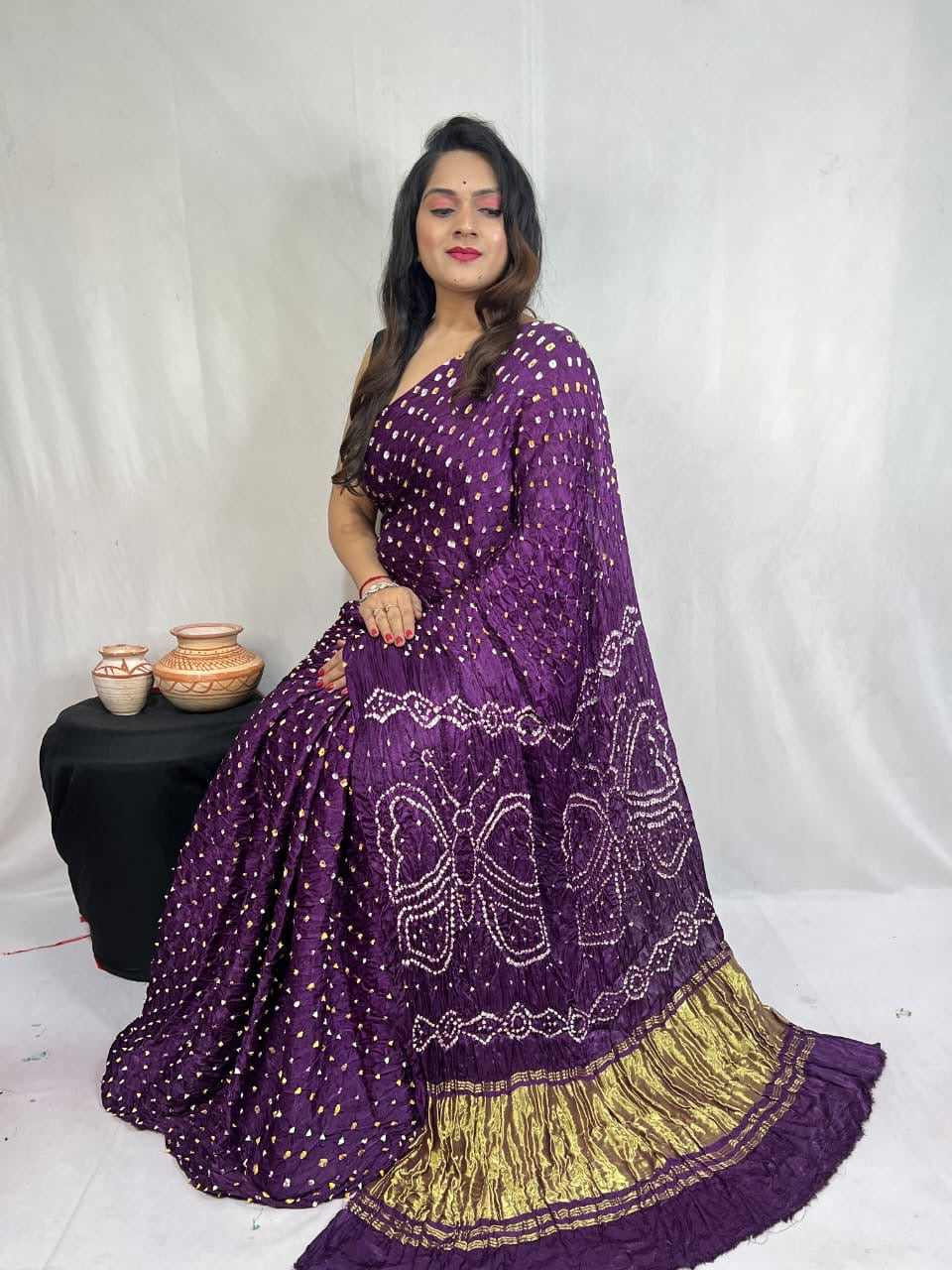 Modal Silk Heavy Barik Bandhej work Silk Bandhani Saree