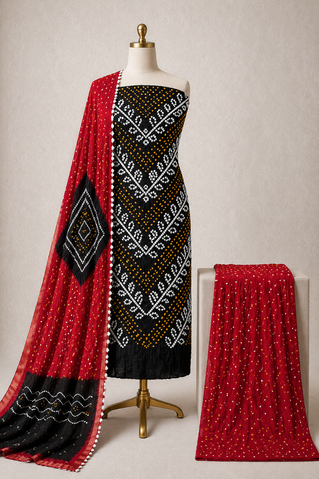 Cotton Satin Handmade Kutch 3Pc Unstitched Bandhani Dress Material