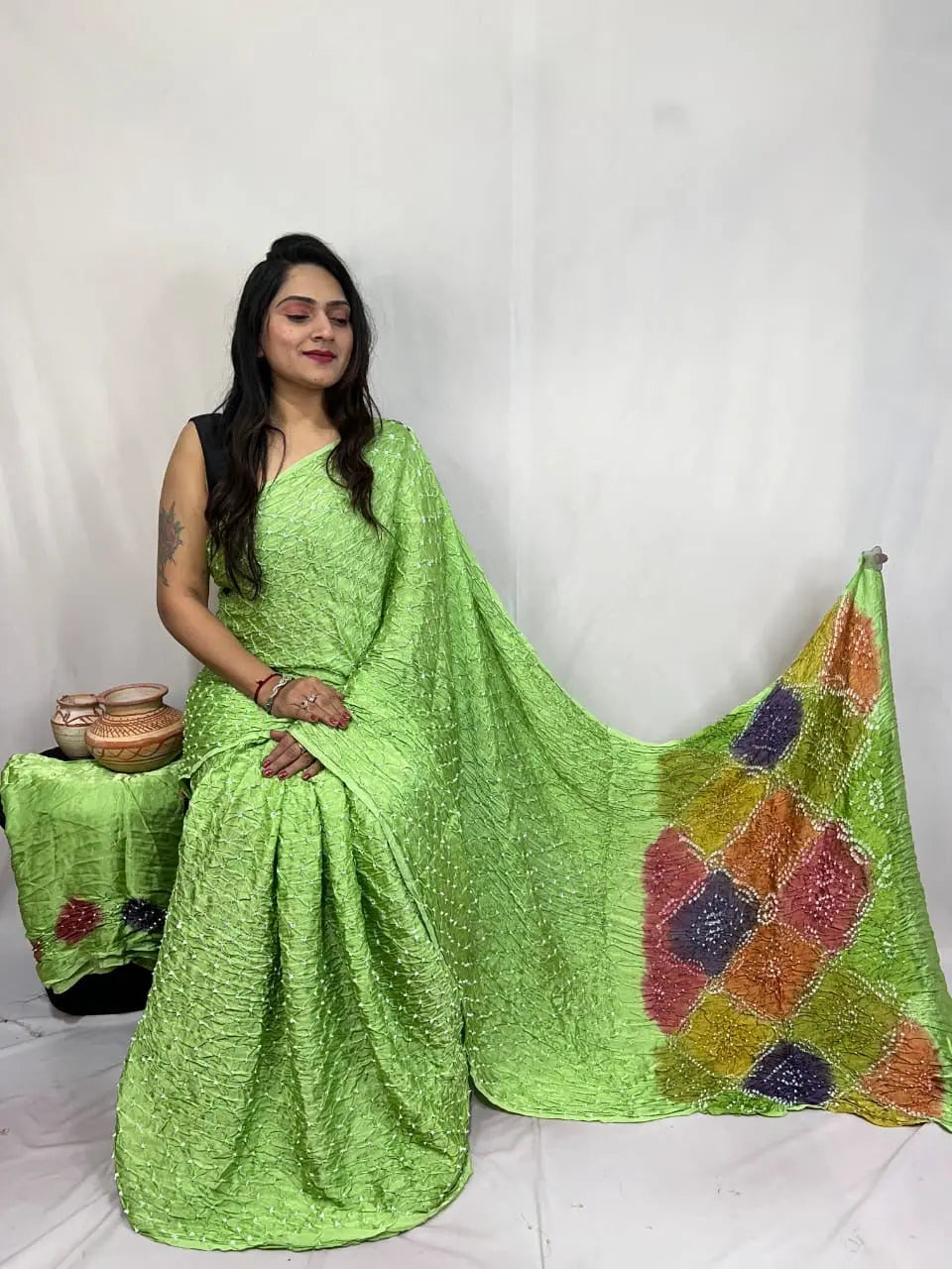 Pure Modal Silk Barik Bandhej Lagdi Pallu Bandhani Saree