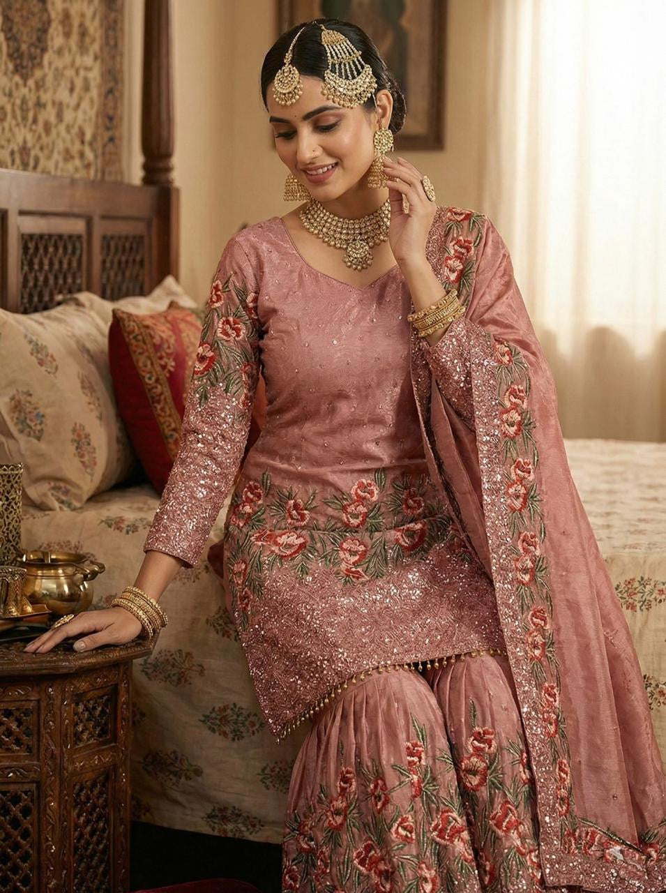 Fendy Silk Designer Kurti Sharara Dupatta Set for Eid
