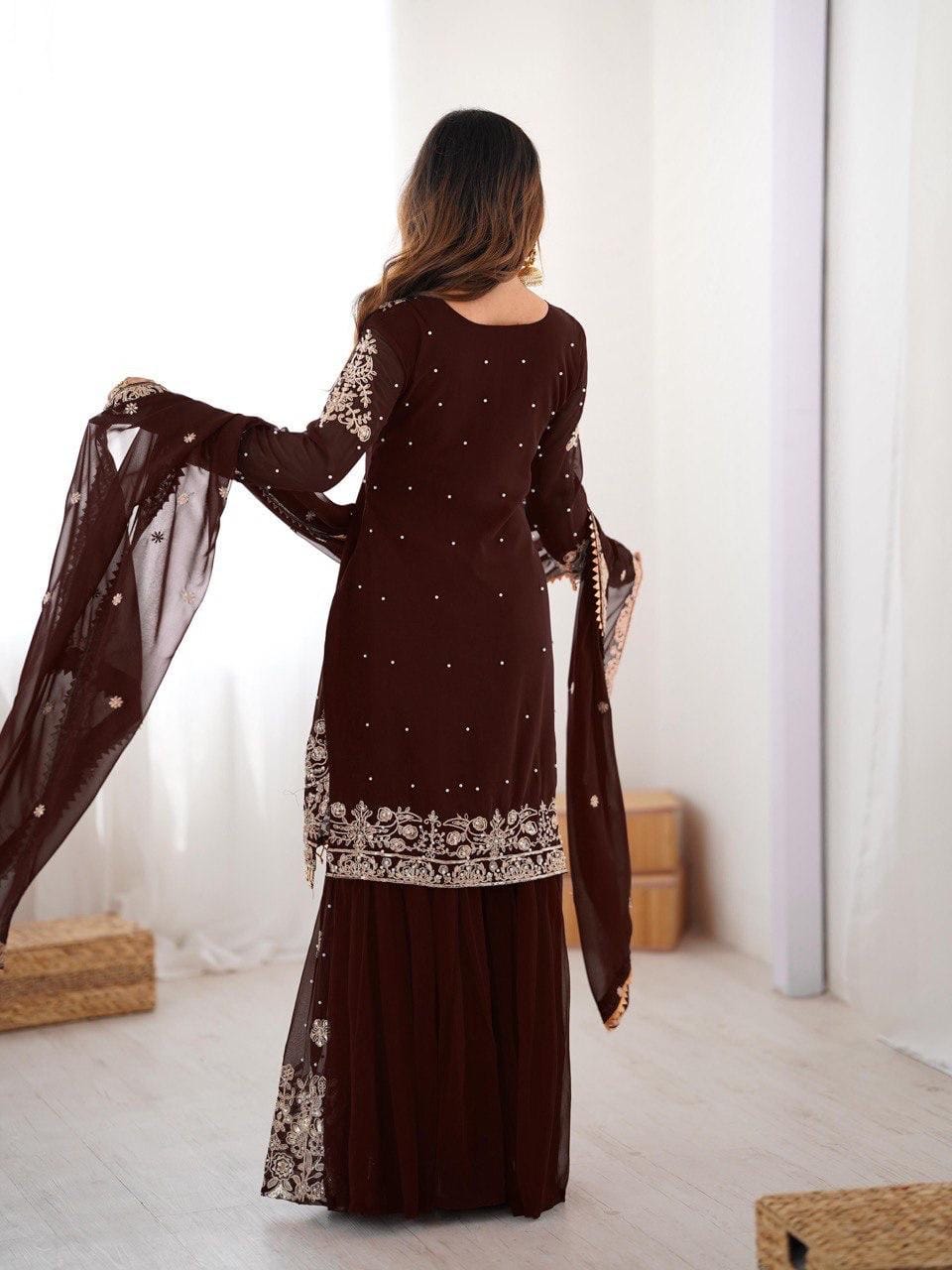 Premium Faux Georgette Embroidery with Moti Work Designer Kurti Sharara Dupatta Set (Ready to Wear)