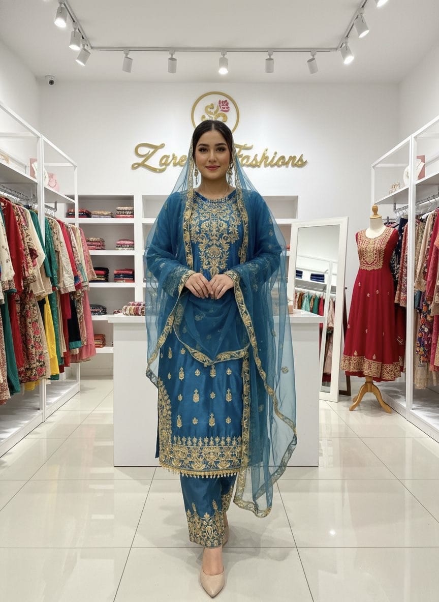 Chinon Silk Sequence Embroidery Work Eid Special Desinger Kurti Pant Dupatta Set (ready to wear)