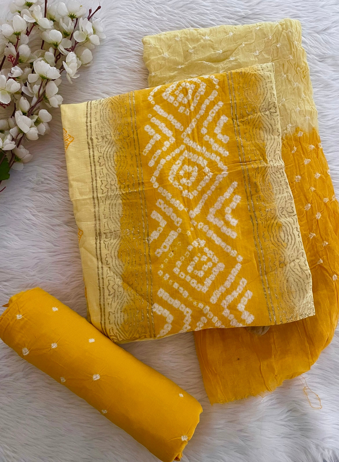 Cotton Satin Hand Block Print work Bandhani Dress Material (Unstitched)
