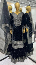 Ethenika Silver Thread Embroidery work Reasdy to wear Velvet Kurti Sharar Set
