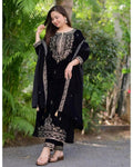 Ethenika Thread Embroidery Work Winter Wear Velvet Suit for Women