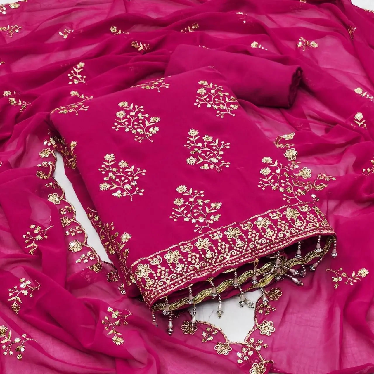 Georgette Golden Embroidery lace work Dress Material (Unstitched)