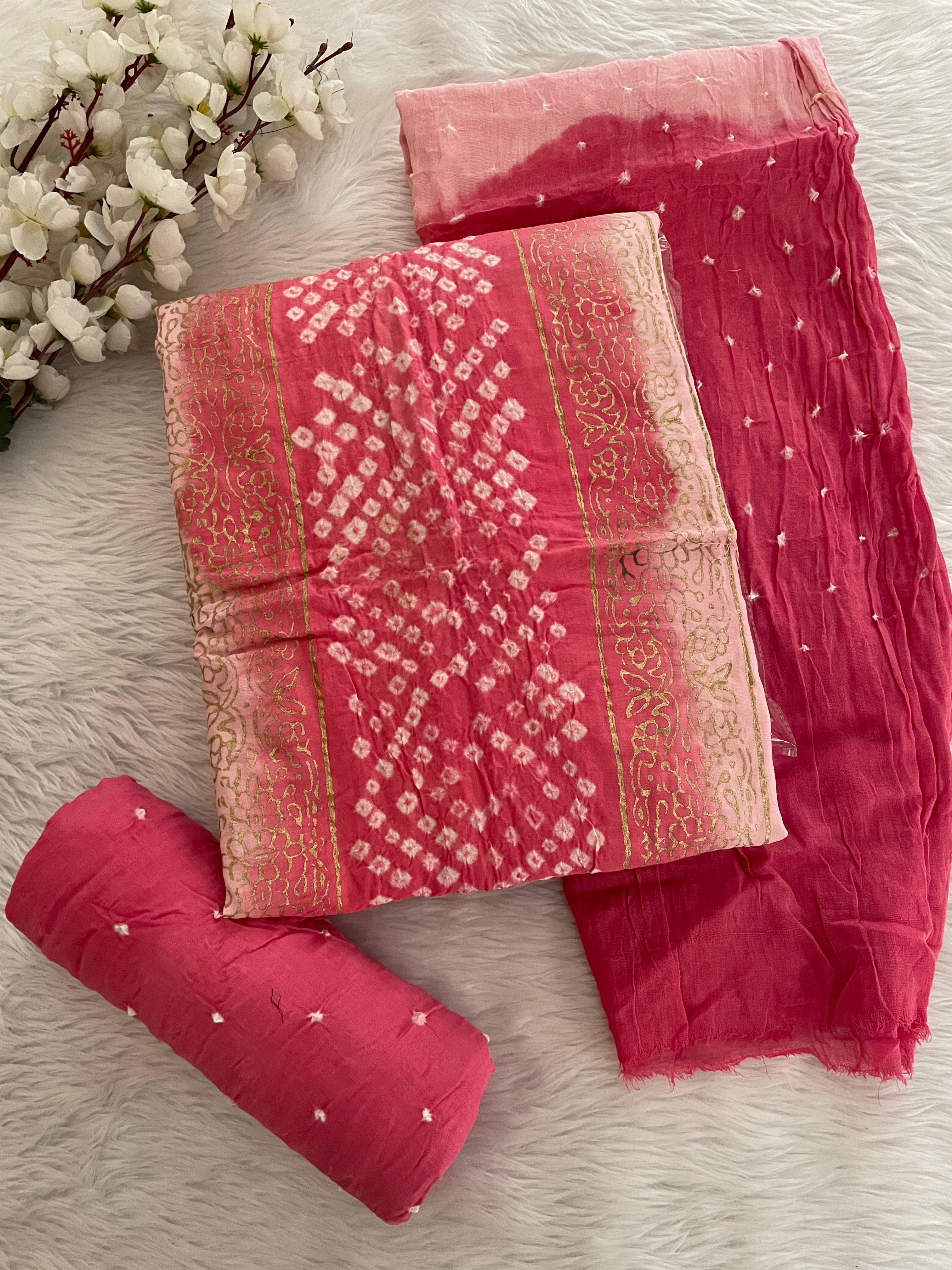 Cotton Satin Hand Block Print work Bandhani Dress Material (Unstitched)