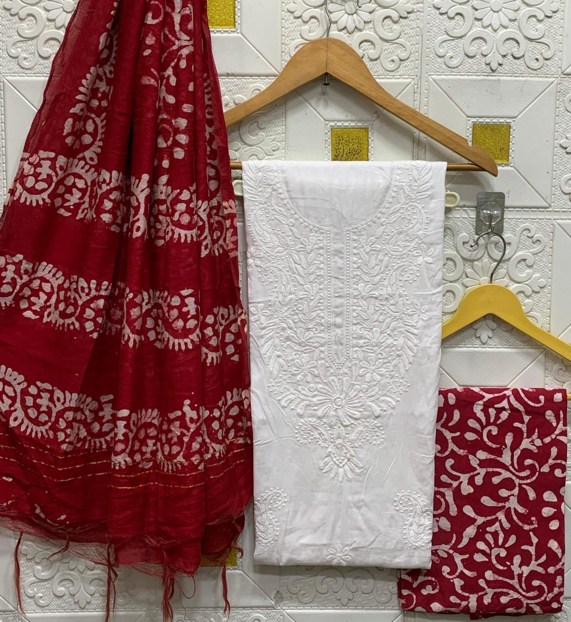 Cotton Lakhnavi Thread work Silk Batik Print Bottom Dupatta Dress Material (Unstitched)