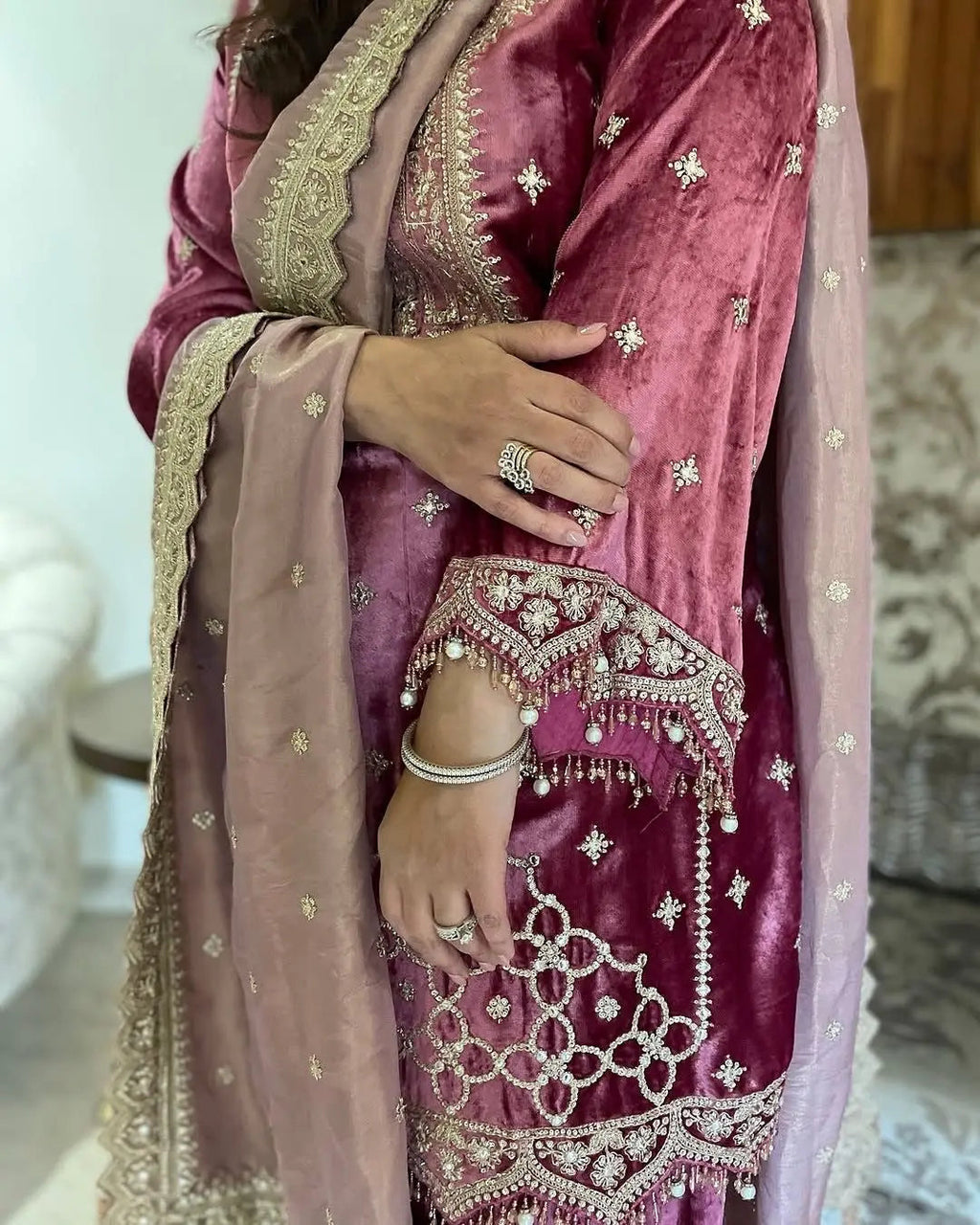 Sequence Moti work Party wear Velvet Suit (Stitched)