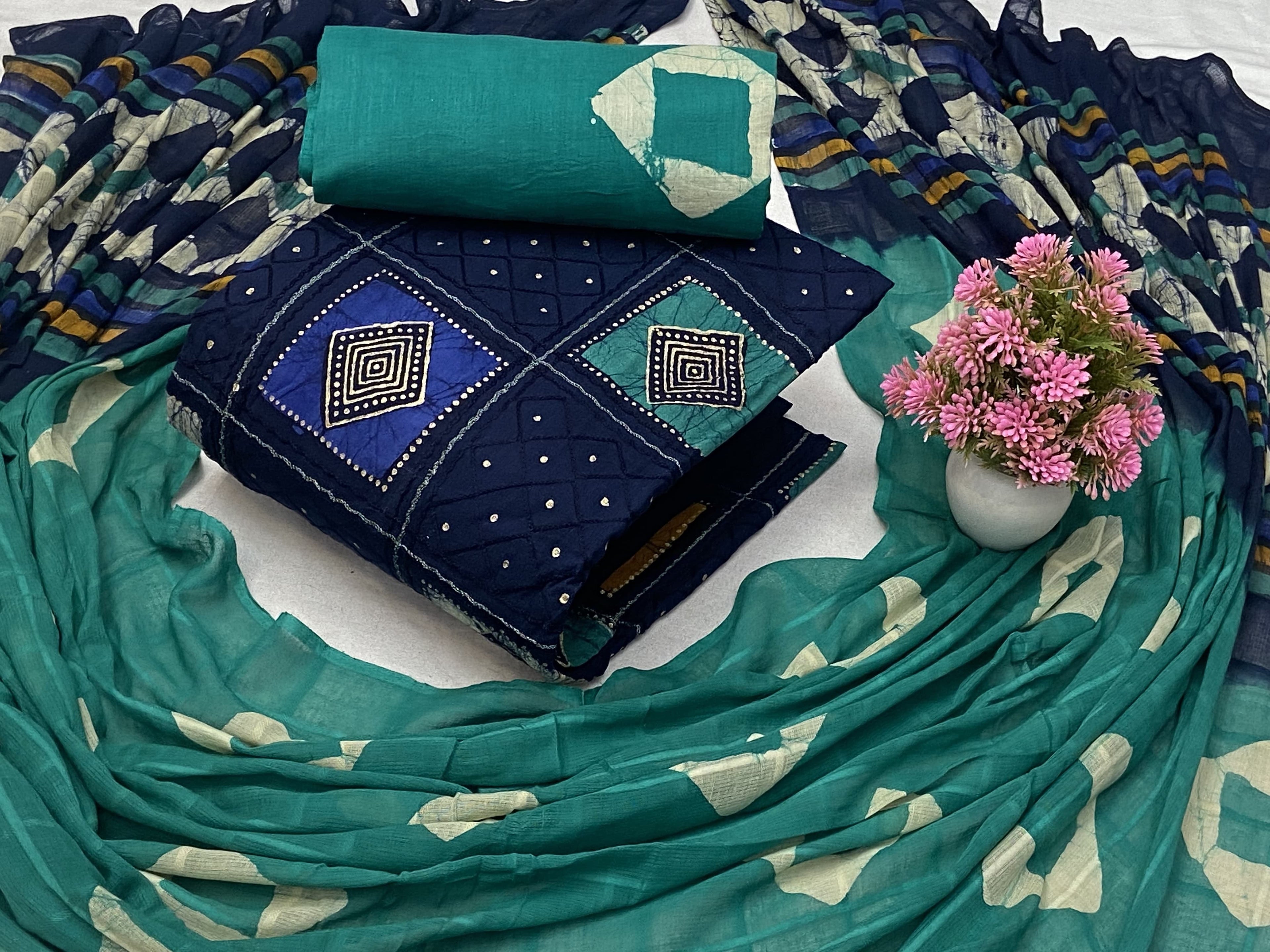 Cotton Batik print with mirror work dress material