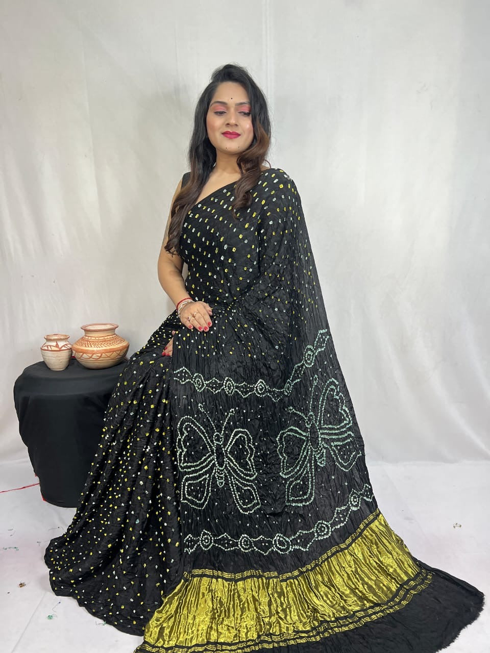 Modal Silk Heavy Barik Bandhej work Silk Bandhani Saree