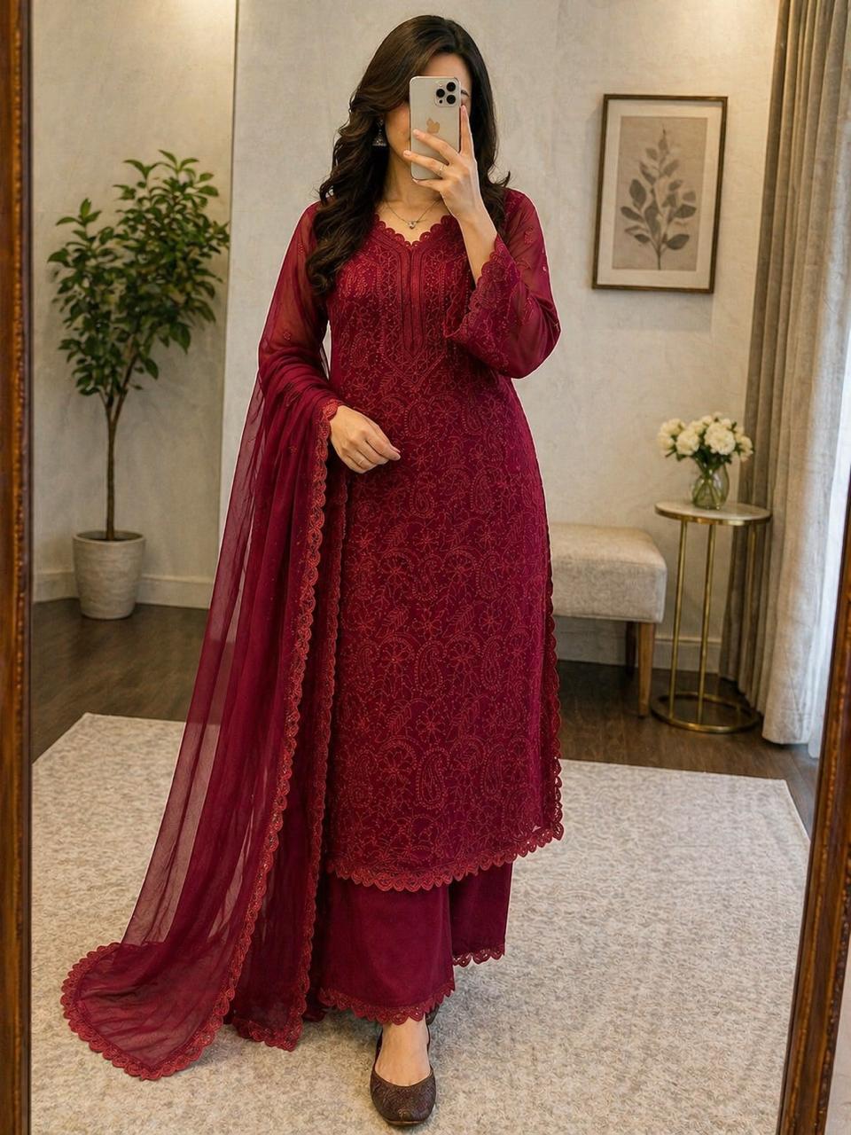 Faux Georgette Chikankari Kurti Palazzo Dupatta Set