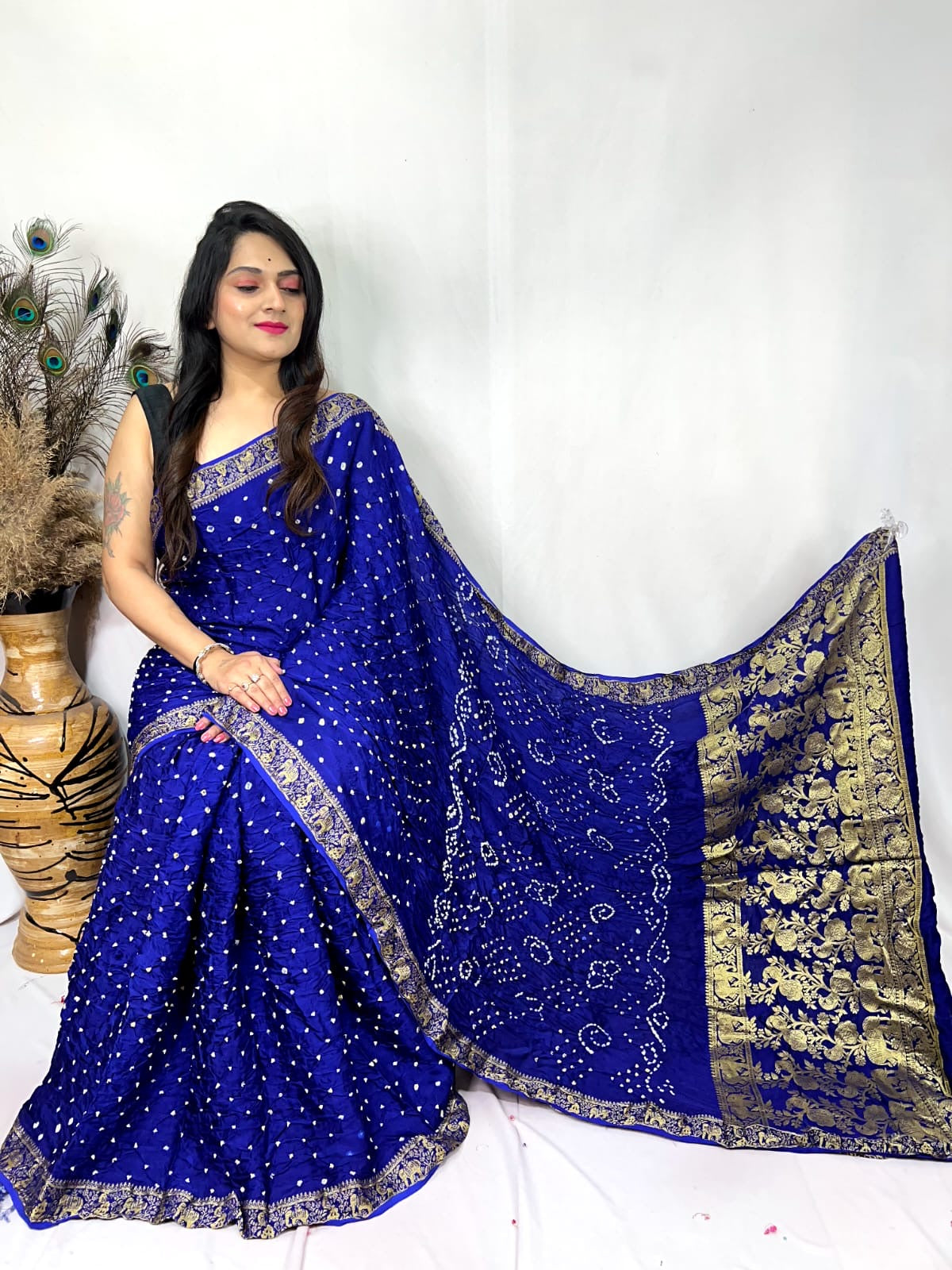 Premium Modal Silk Barik Bandhej Work Nakashi Border Silk Bandhani Saree