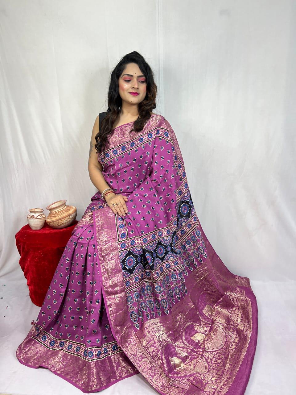 Dola Silk Original Handblocked  Ajrakh work Saree