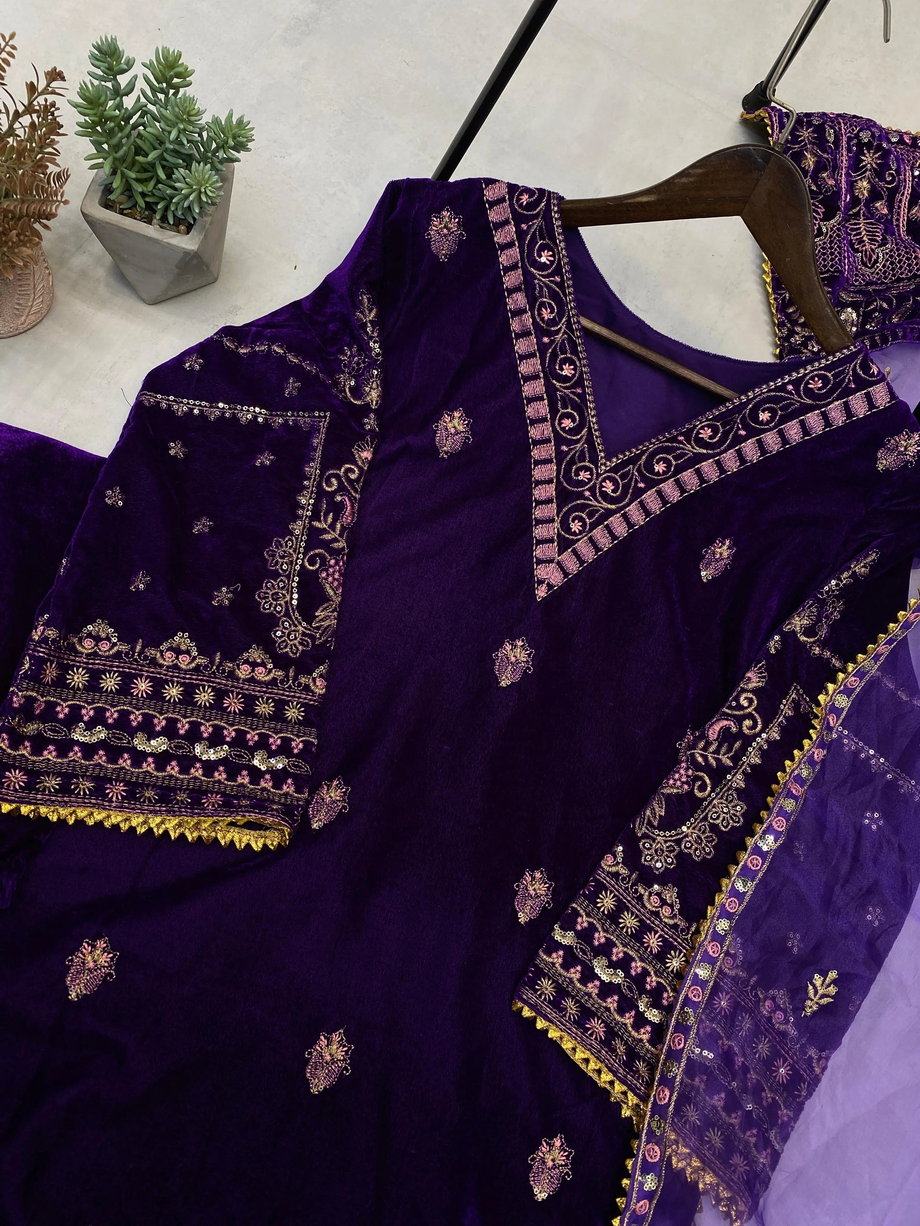 Sequence Embroidery work Winter Wear Velvet Suit