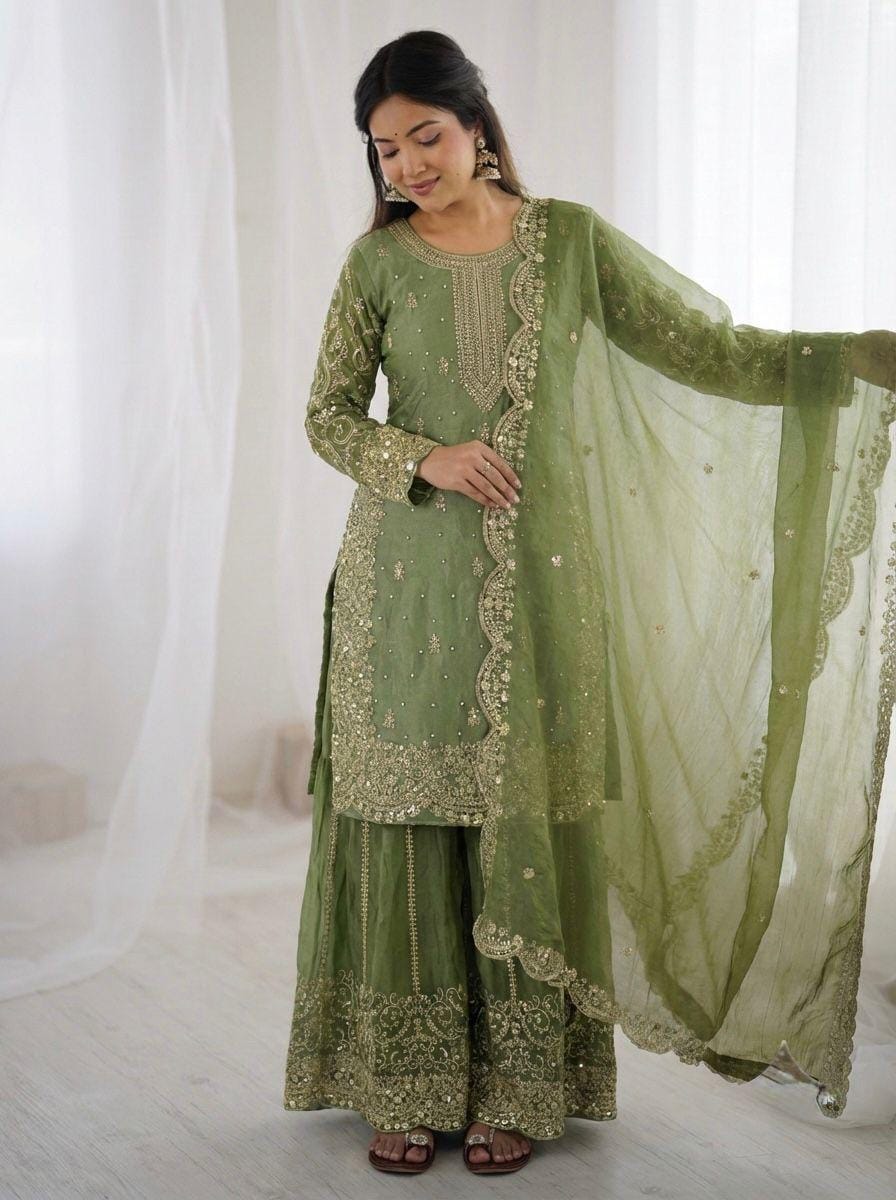 Fendi Silk Embroidery Work Designer Kurti Sharara Dupatta Set