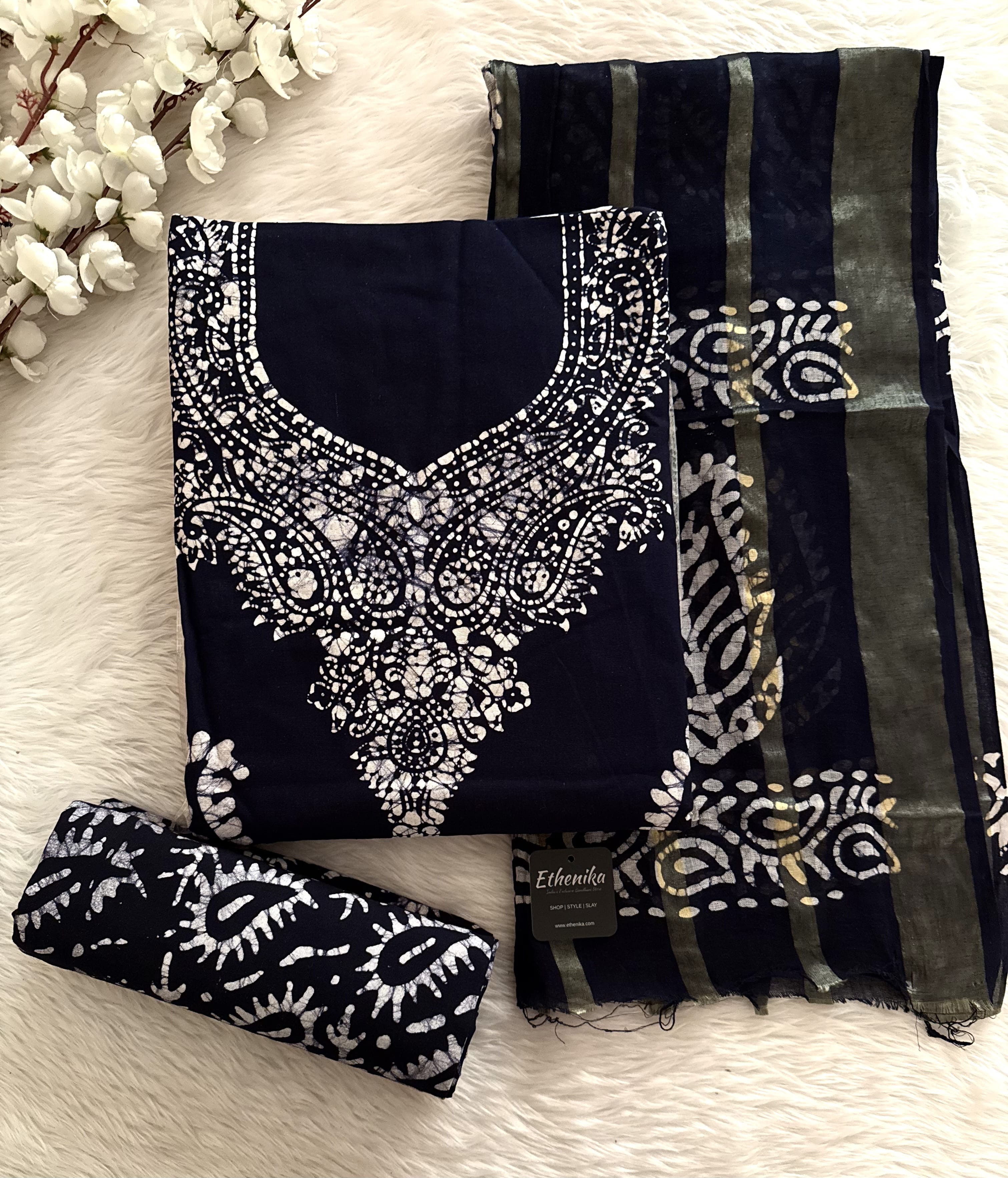 Cotton Hand Blocked Wax Batik Unstitched Dress Material