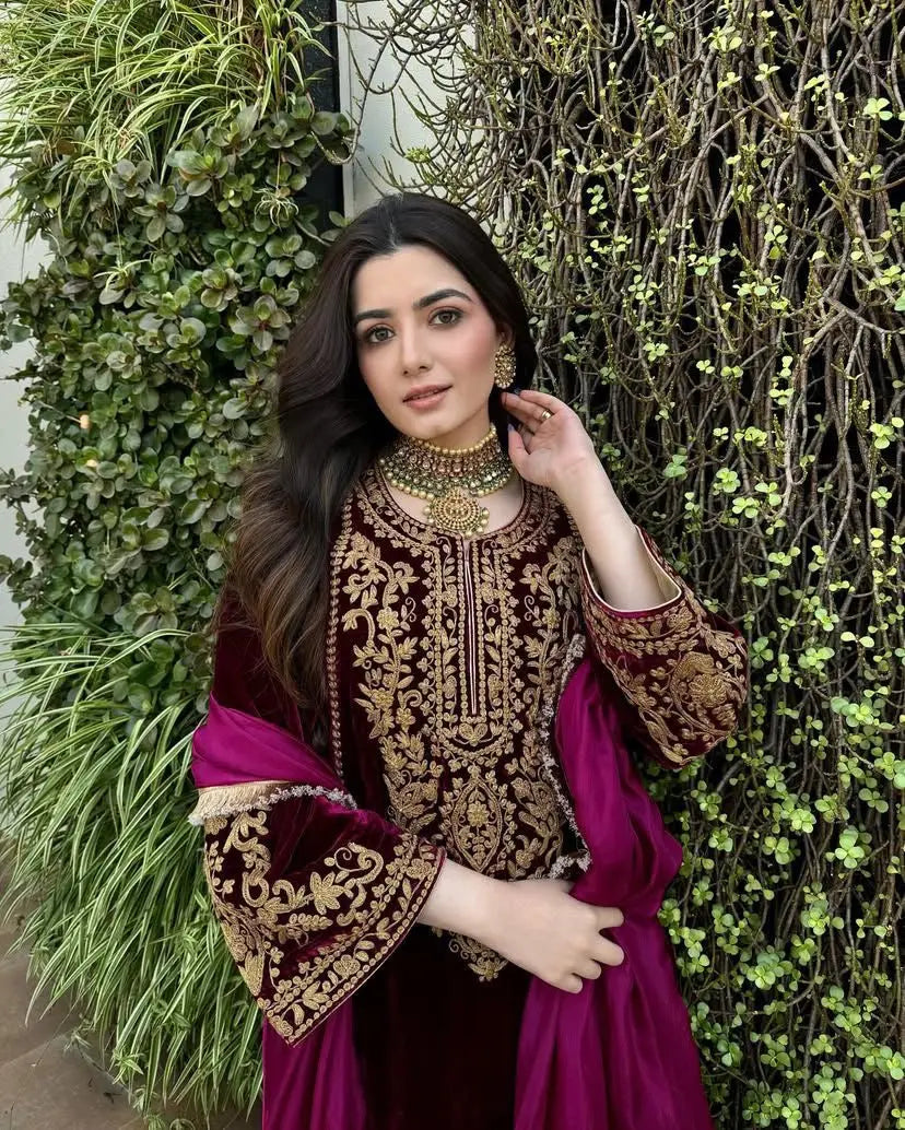 Ethenika Elegant Thread Embroidery work Ready to wear Velvet Suit