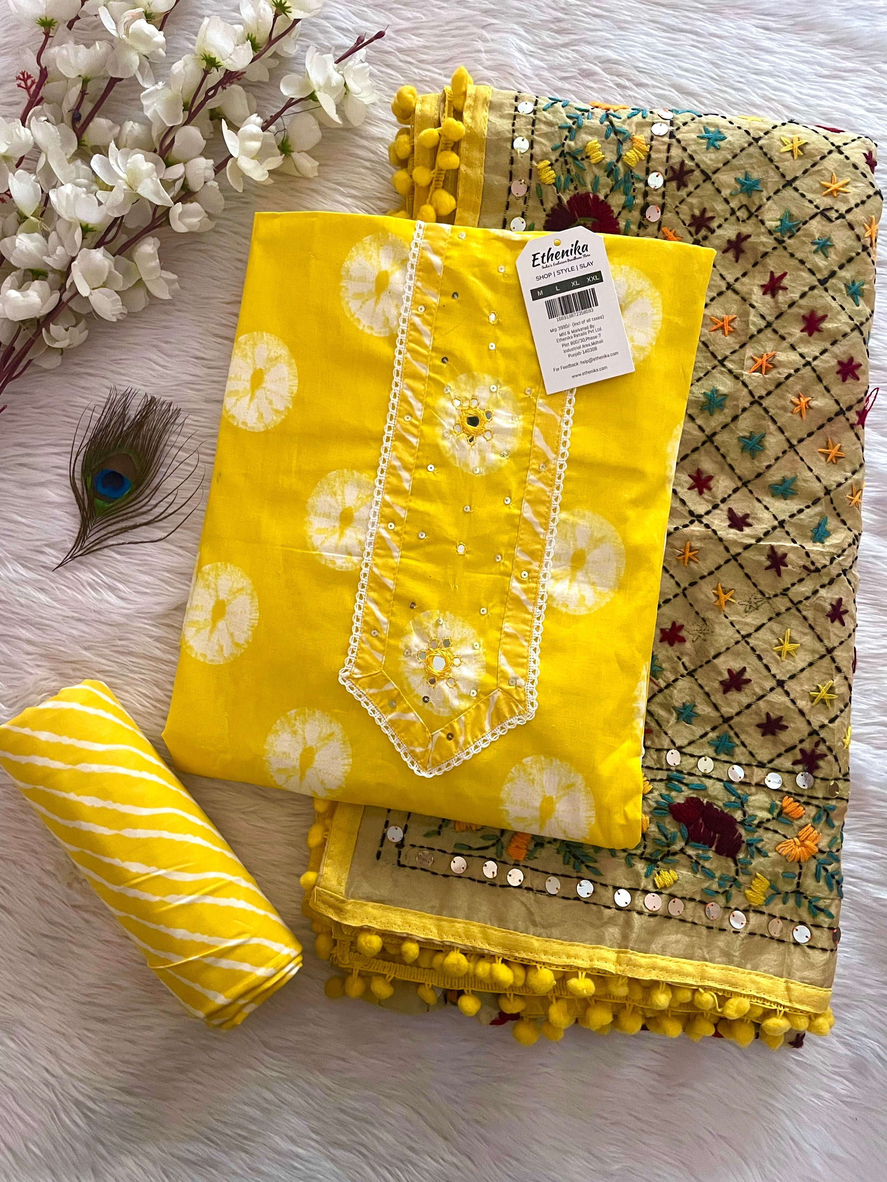 Soft Cotton Mirror work Shibori Bandhani Dress Material (Unstitched)