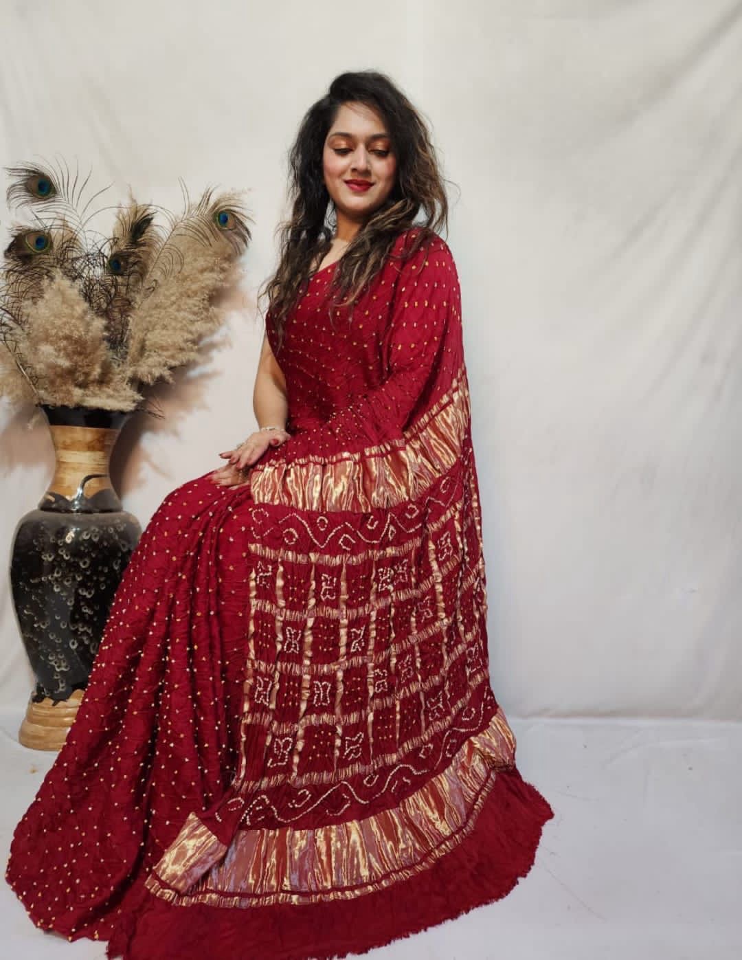 Modal Silk Barik Bandhej work Lagdi Patta Border Chex Bandhani Saree