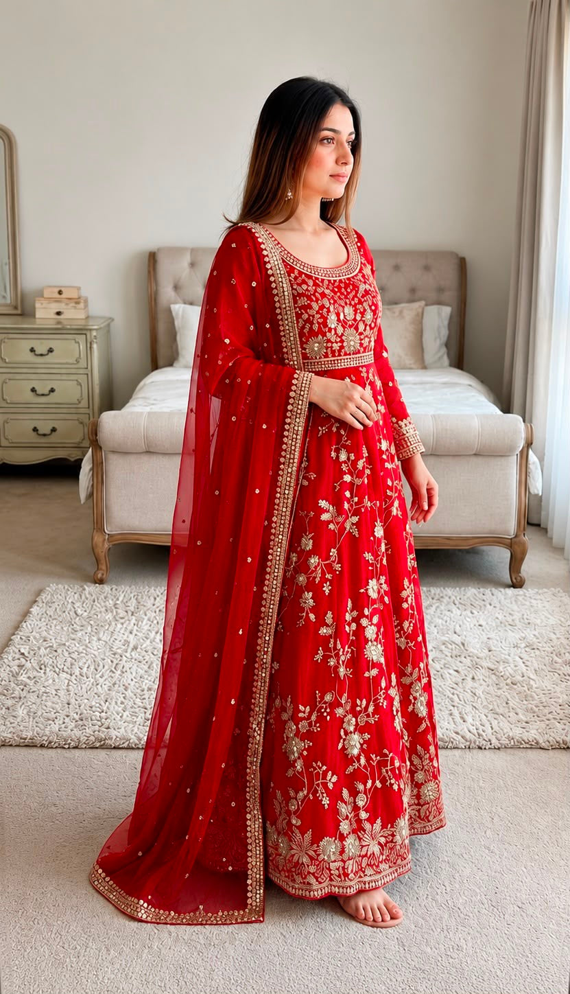 Georgette Sequence Embroidery Work Ready to Wear Gown Pant Dupatta Set
