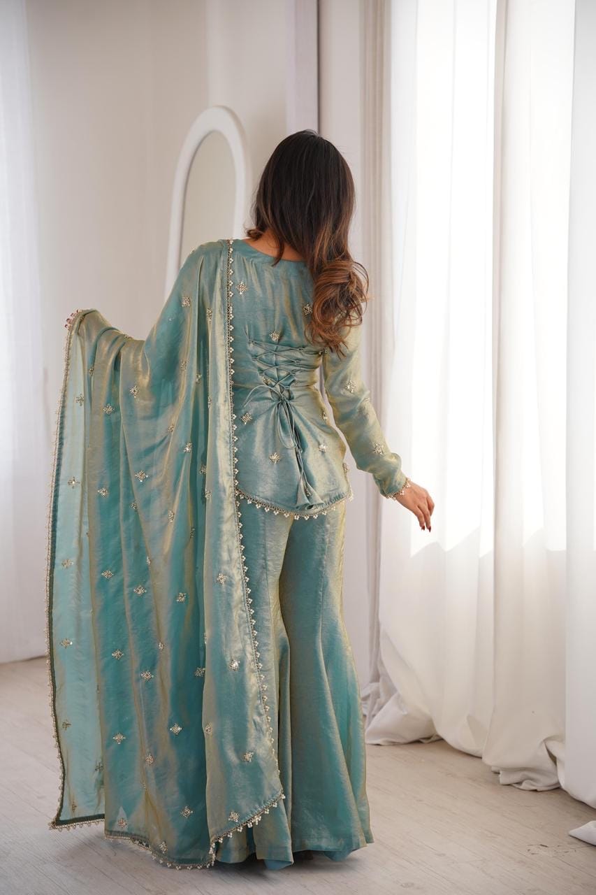 Fendy Silk Embroidery Work Kurti Sharara Dupatta Set