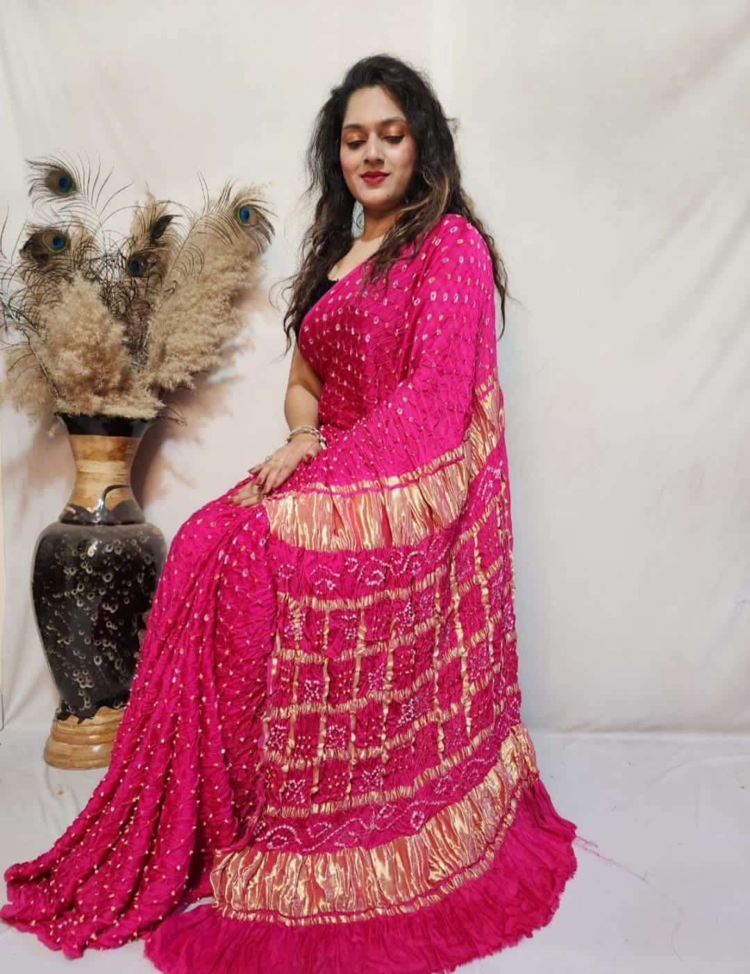 Modal Silk Barik Bandhej work Lagdi Patta Border Chex Bandhani Saree