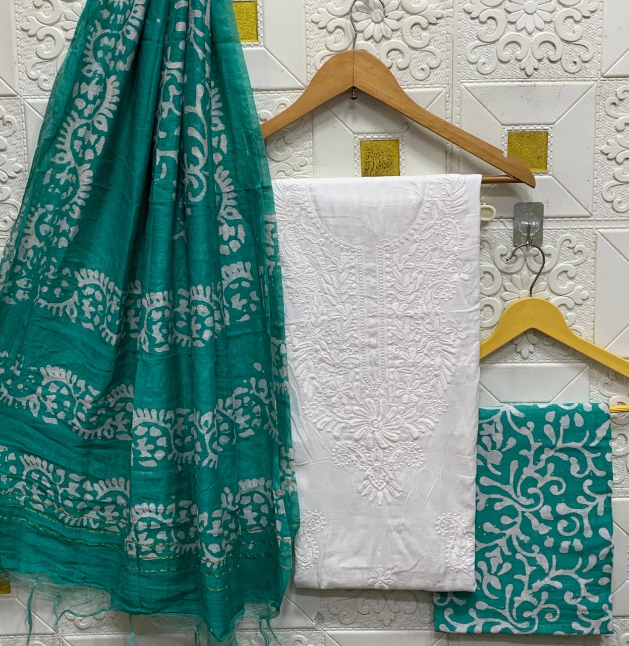 Cotton Lakhnavi Thread work Silk Batik Print Bottom Dupatta Dress Material (Unstitched)