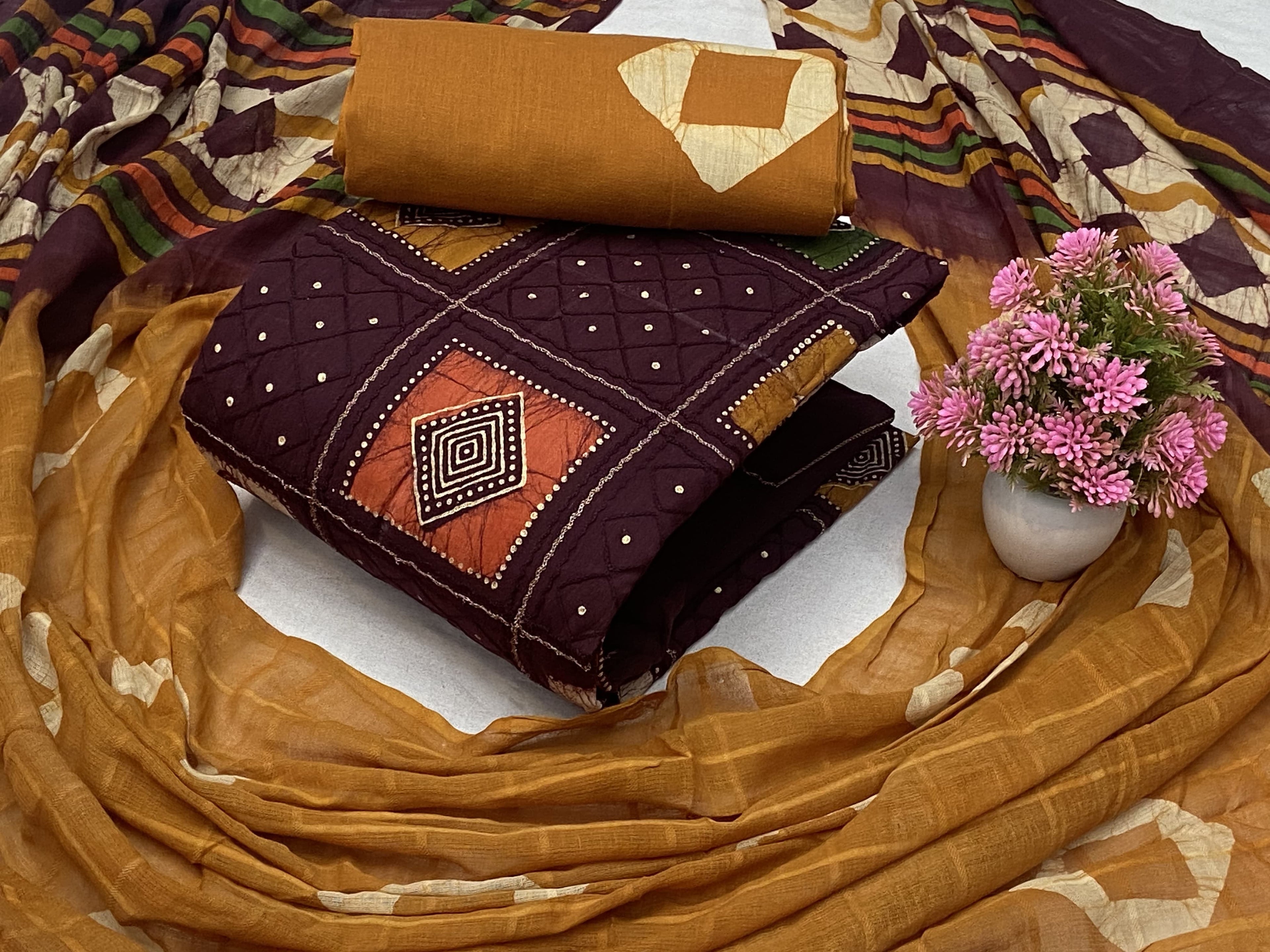 Cotton Batik print with mirror work dress material