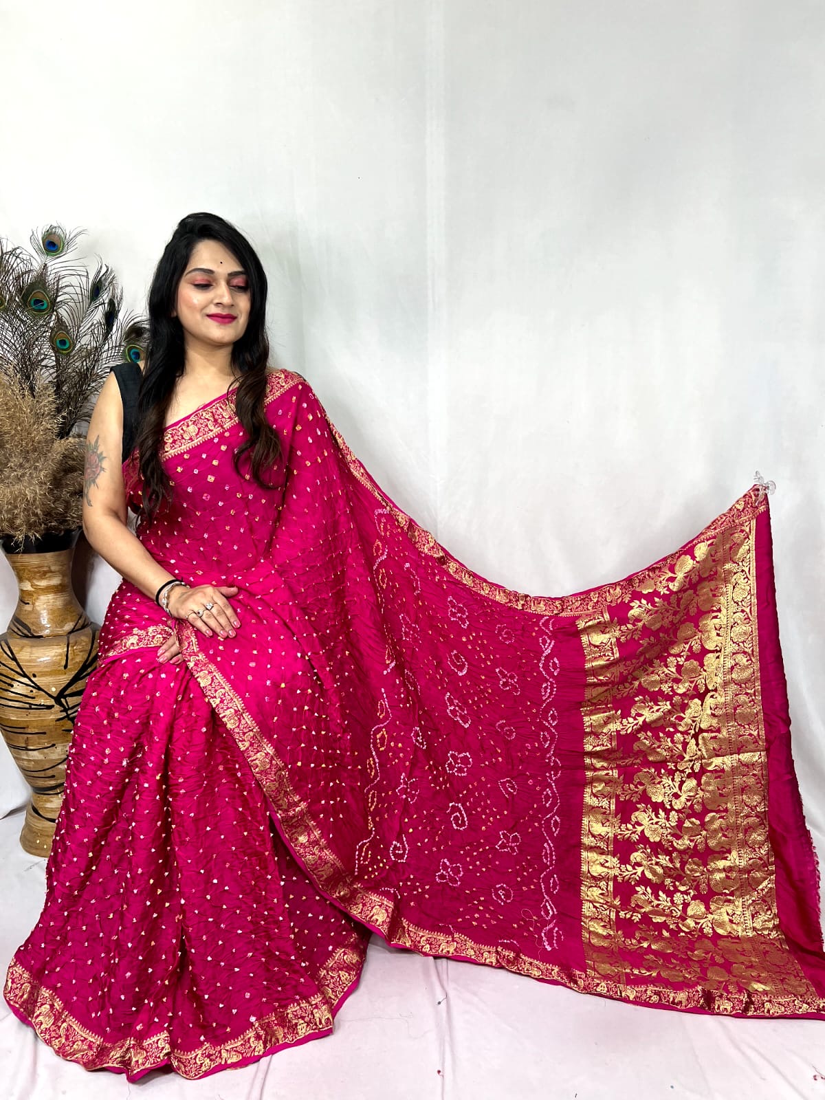 Premium Modal Silk Barik Bandhej Work Nakashi Border Silk Bandhani Saree