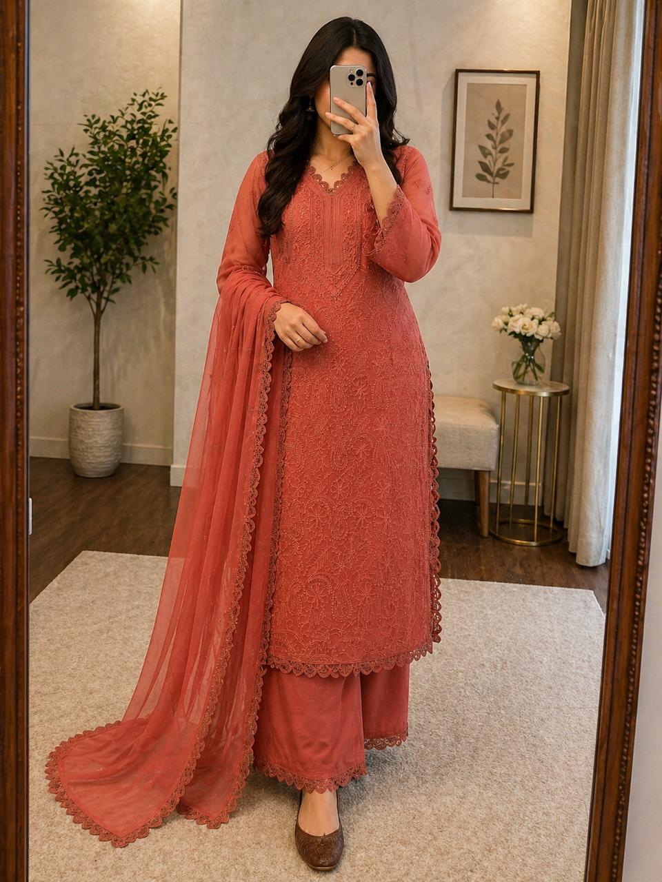 Faux Georgette Chikankari Kurti Palazzo Dupatta Set
