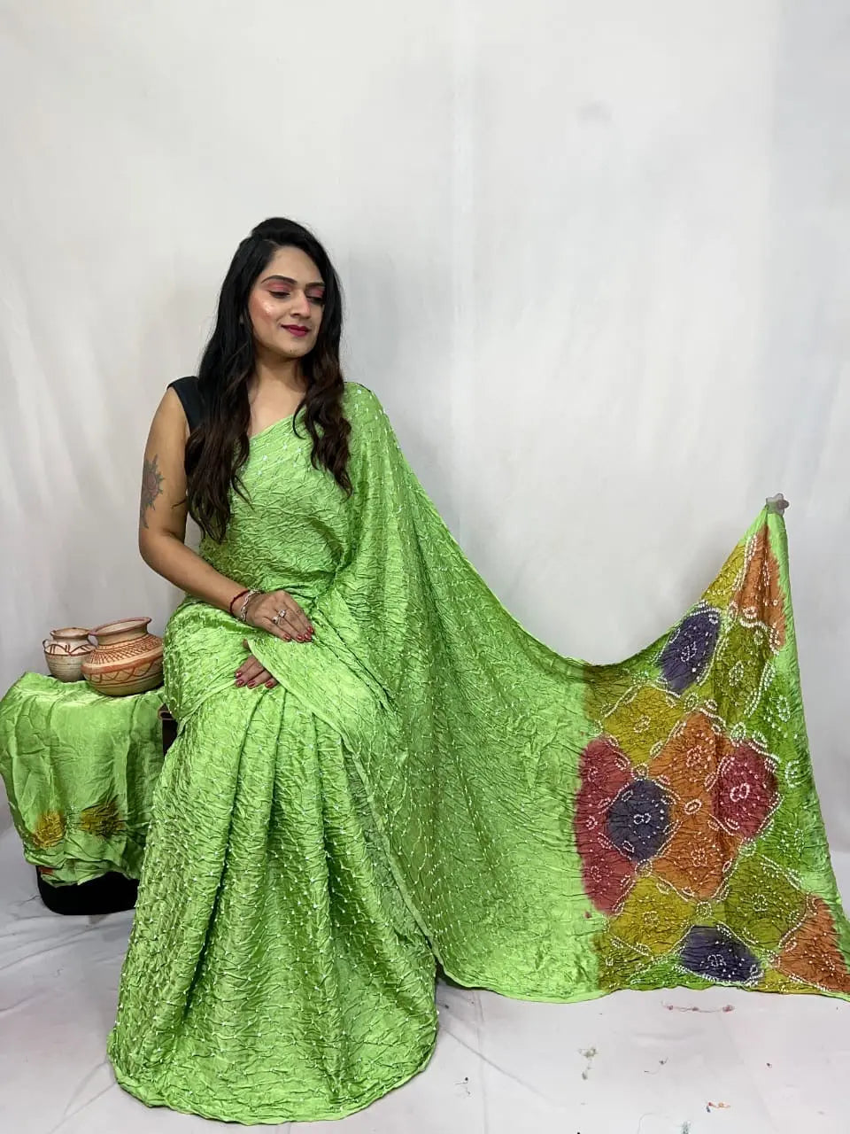 Pure Modal Silk Barik Bandhej Lagdi Pallu Bandhani Saree