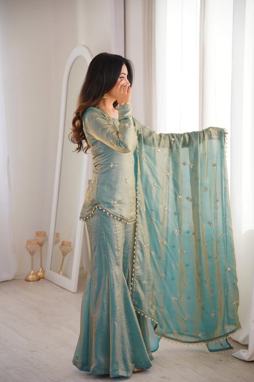 Fendy Silk Embroidery Work Kurti Sharara Dupatta Set