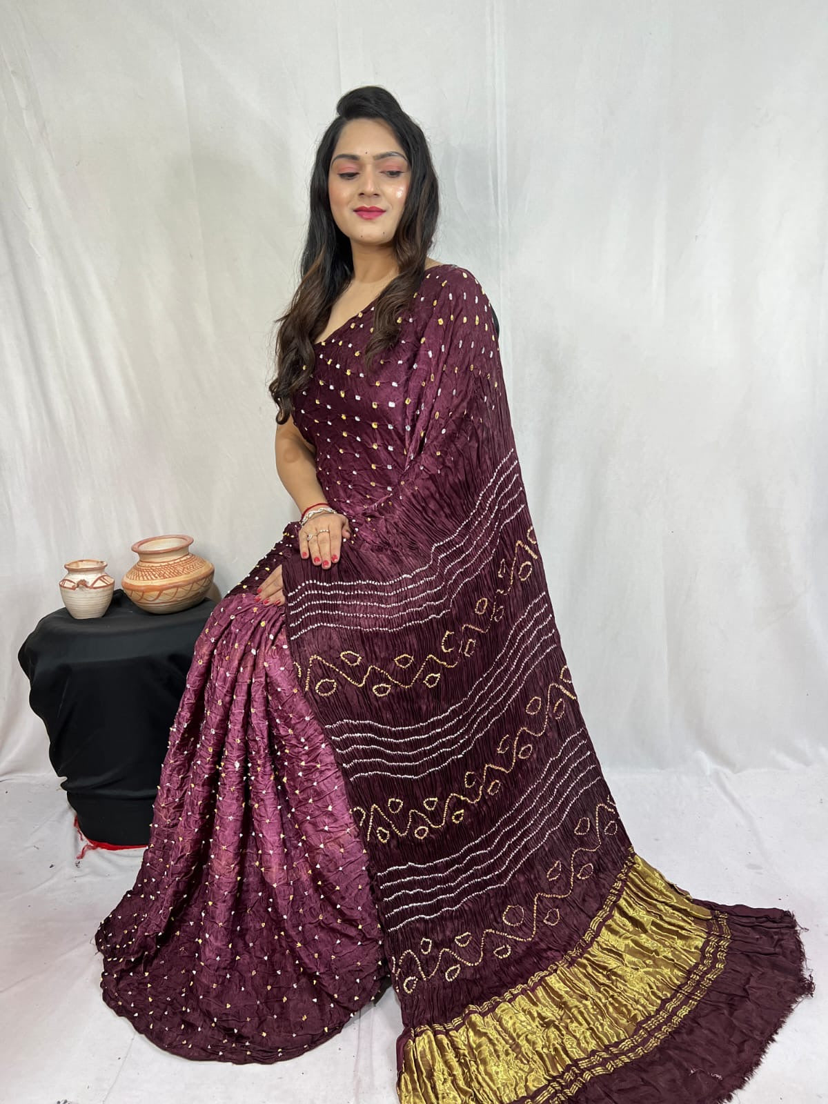 Pure Modal Silk Barik Bandhej work Bandhani Saree